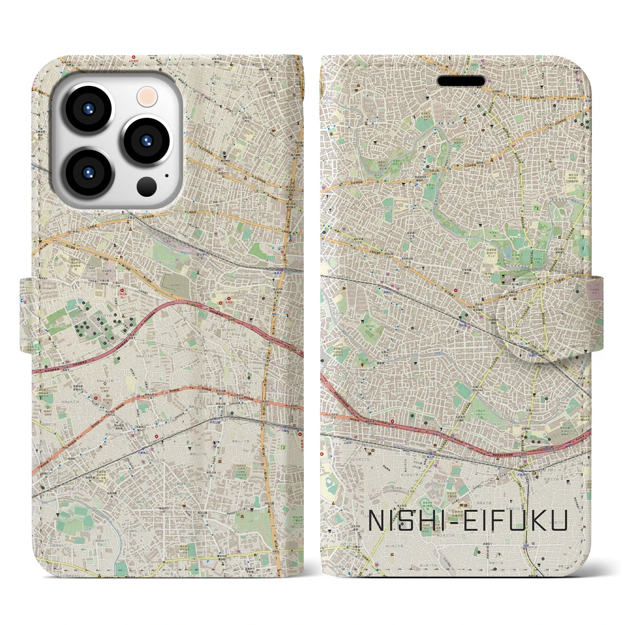 【西永福】地図柄iPhoneケース（手帳両面タイプ・ナチュラル）iPhone 13 Pro 用