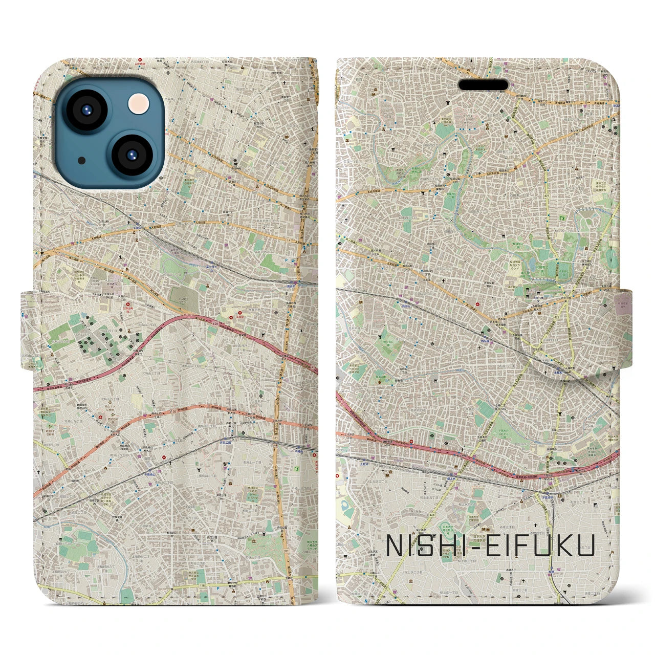 【西永福】地図柄iPhoneケース（手帳両面タイプ・ナチュラル）iPhone 13 用