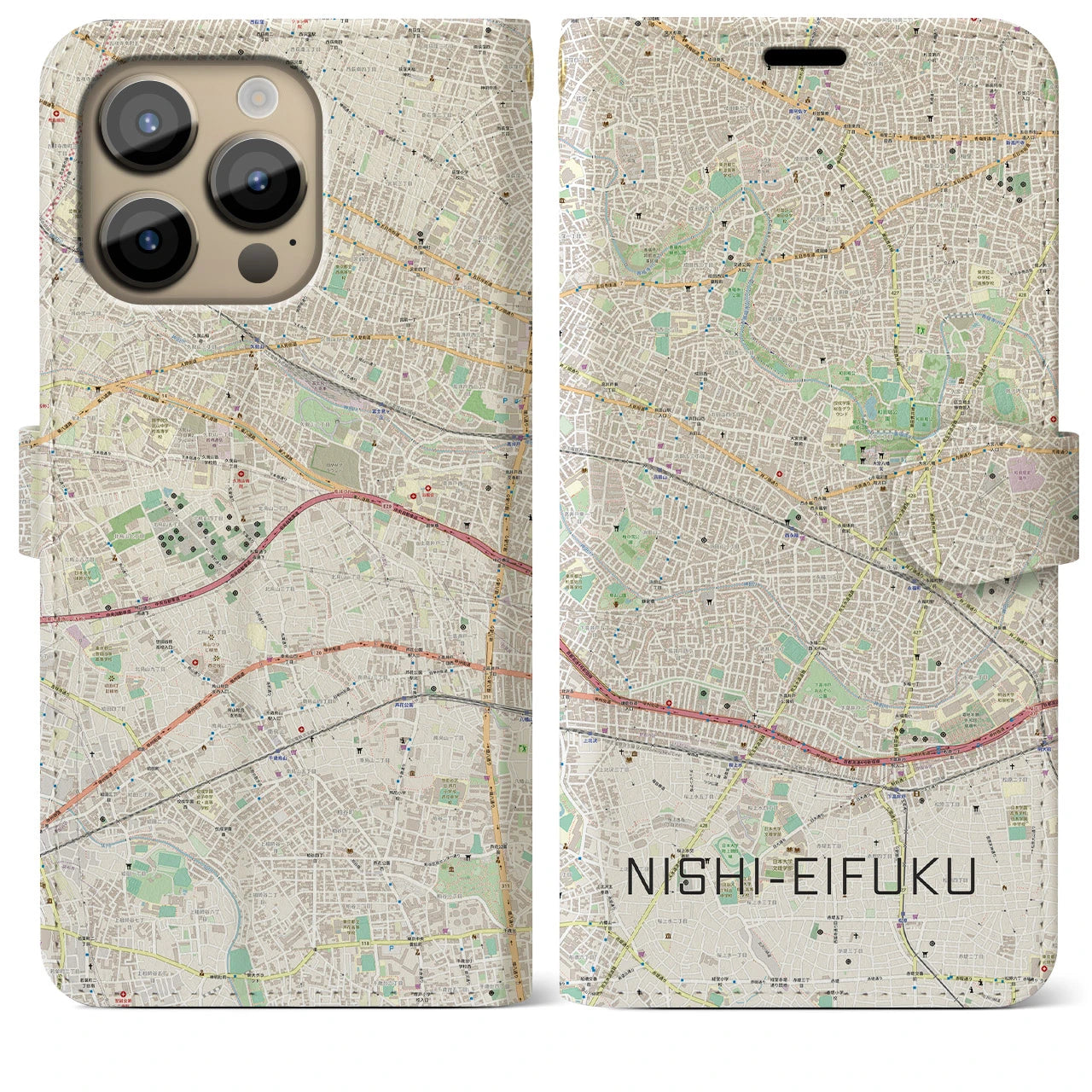 【西永福】地図柄iPhoneケース（手帳両面タイプ・ナチュラル）iPhone 14 Pro Max 用