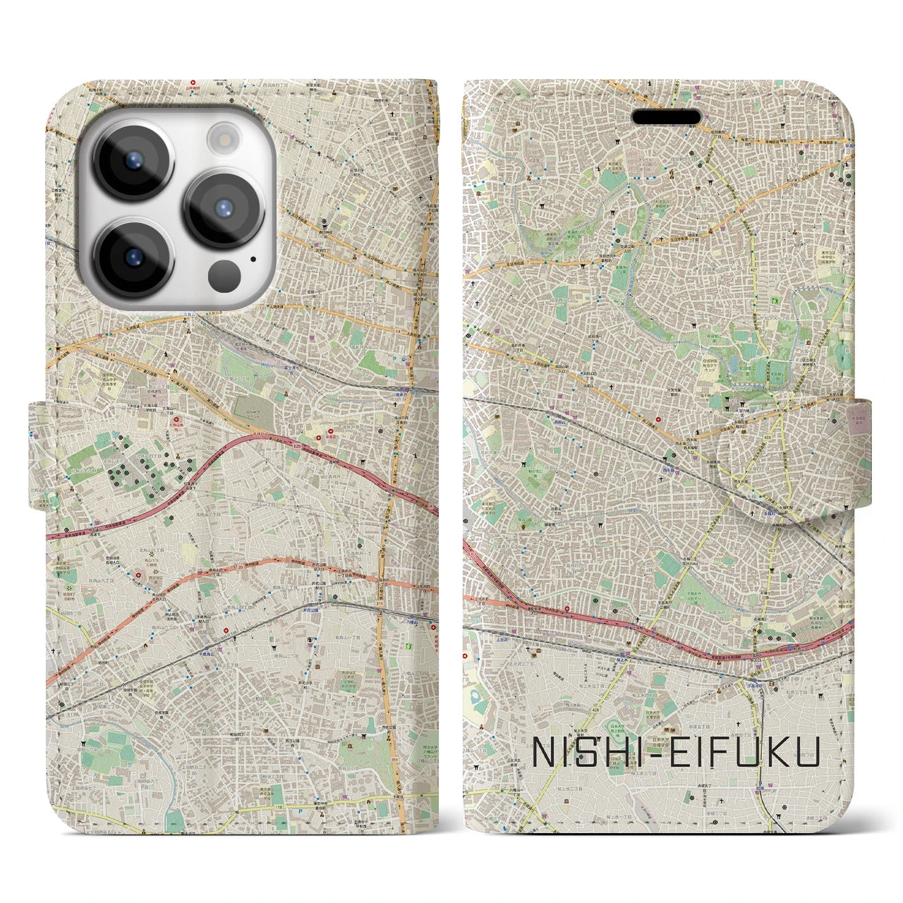 【西永福】地図柄iPhoneケース（手帳両面タイプ・ナチュラル）iPhone 14 Pro 用