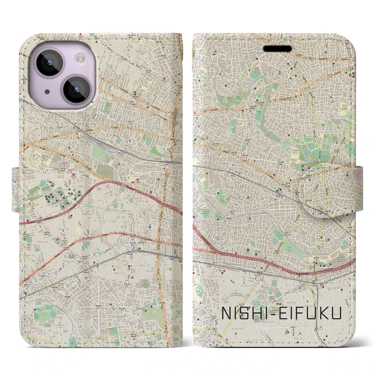 【西永福】地図柄iPhoneケース（手帳両面タイプ・ナチュラル）iPhone 14 用