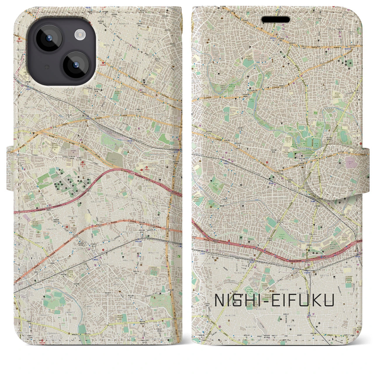 【西永福】地図柄iPhoneケース（手帳両面タイプ・ナチュラル）iPhone 14 Plus 用