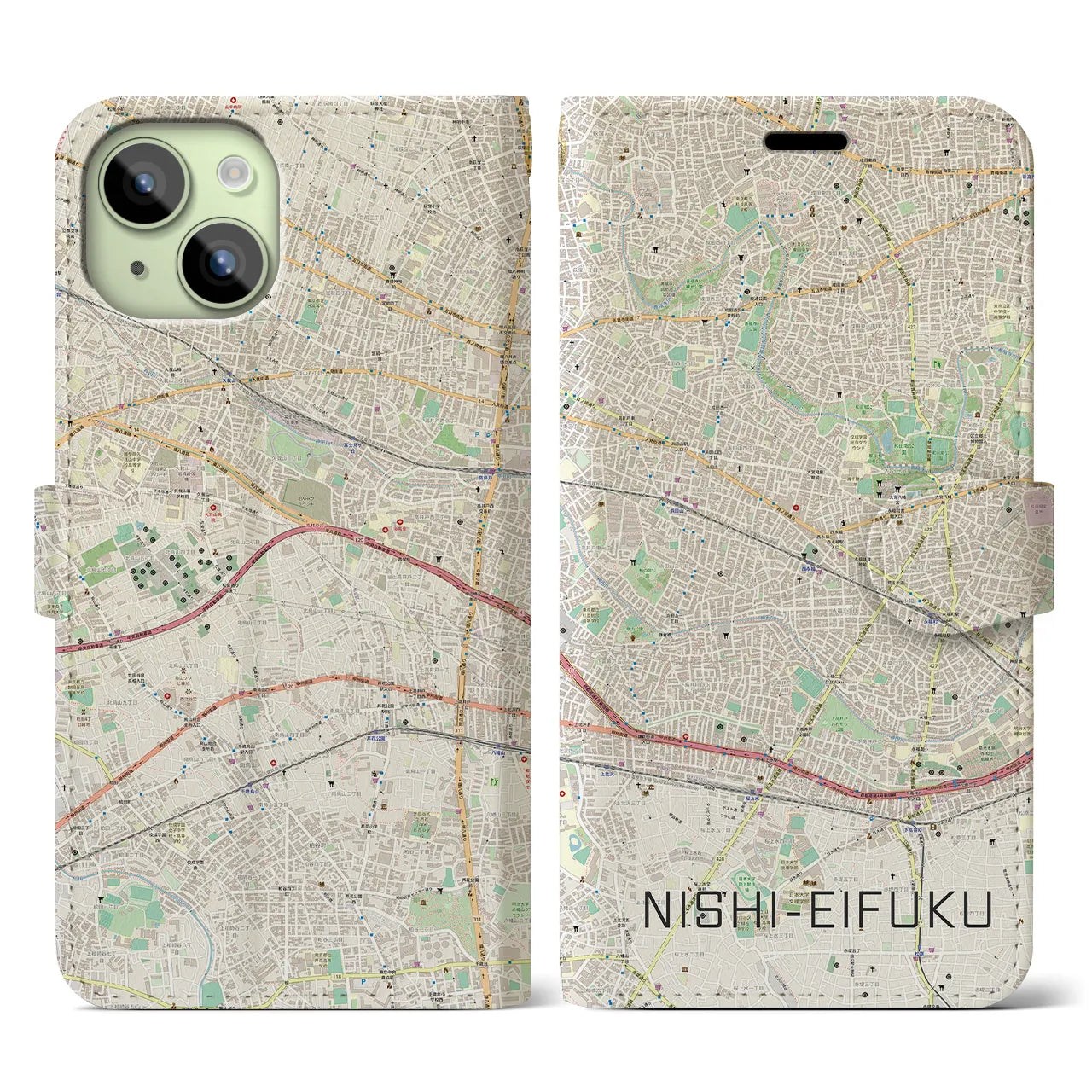 【西永福】地図柄iPhoneケース（手帳両面タイプ・ナチュラル）iPhone 15 用