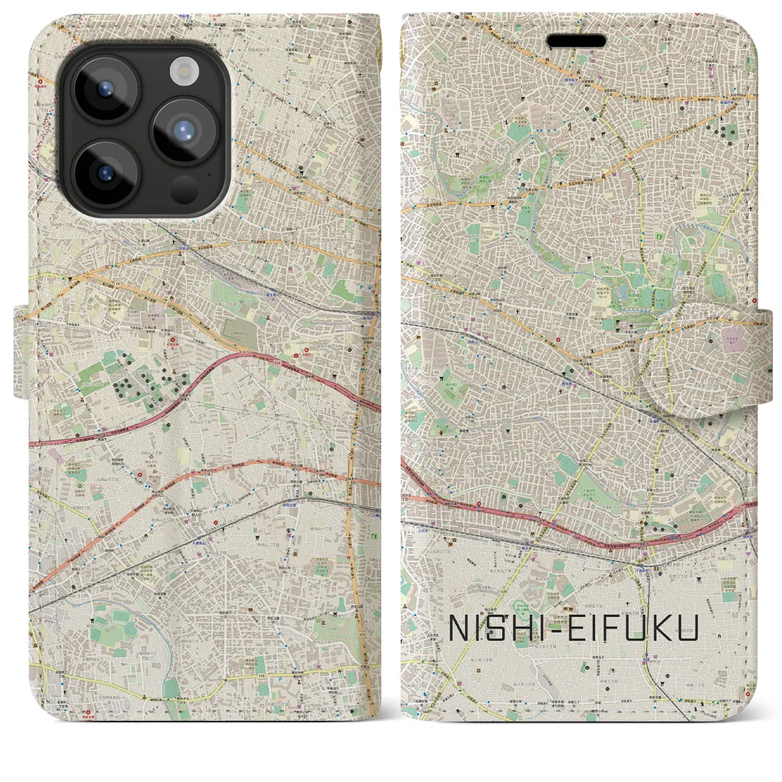 【西永福】地図柄iPhoneケース（手帳両面タイプ・ナチュラル）iPhone 15 Pro Max 用