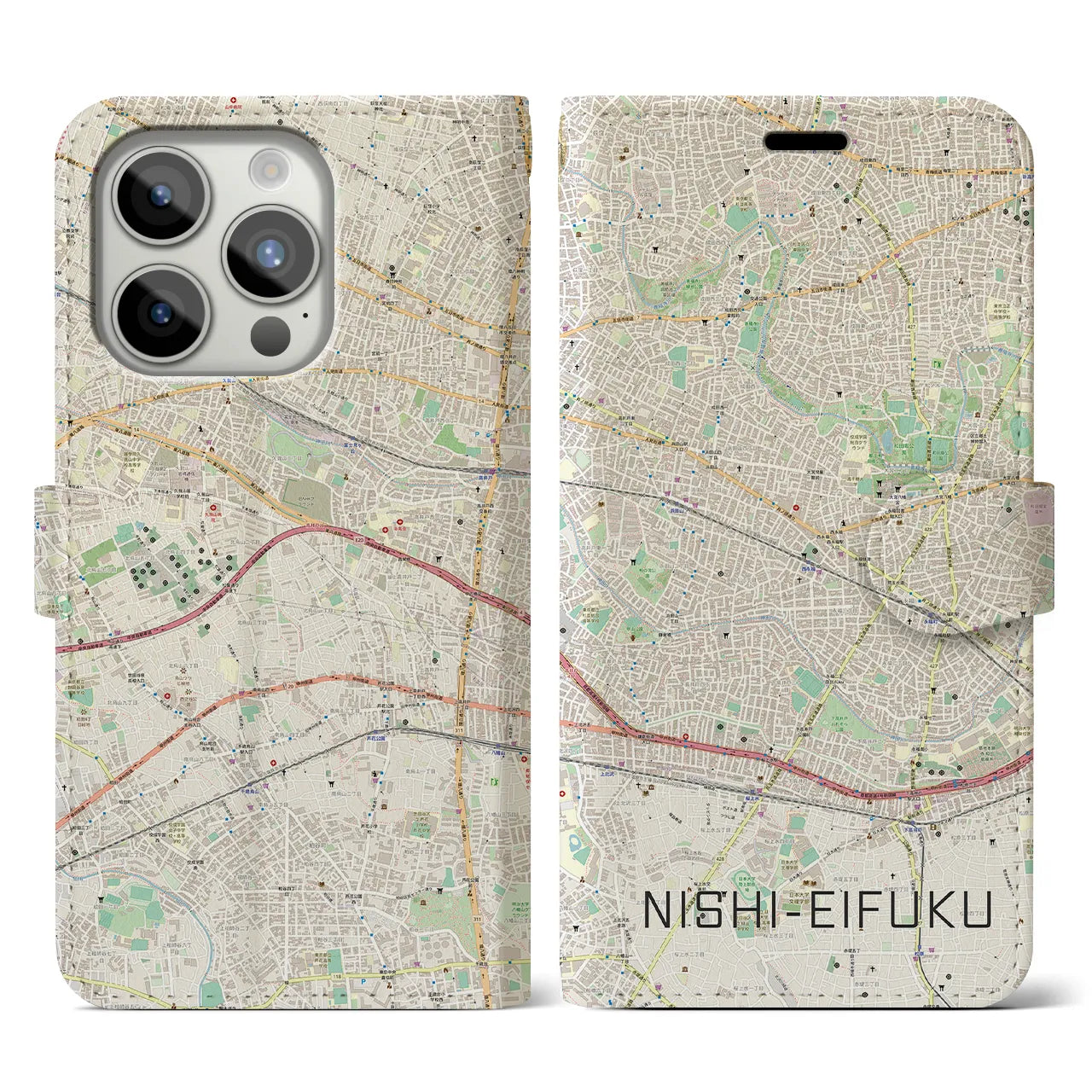 【西永福】地図柄iPhoneケース（手帳両面タイプ・ナチュラル）iPhone 15 Pro 用