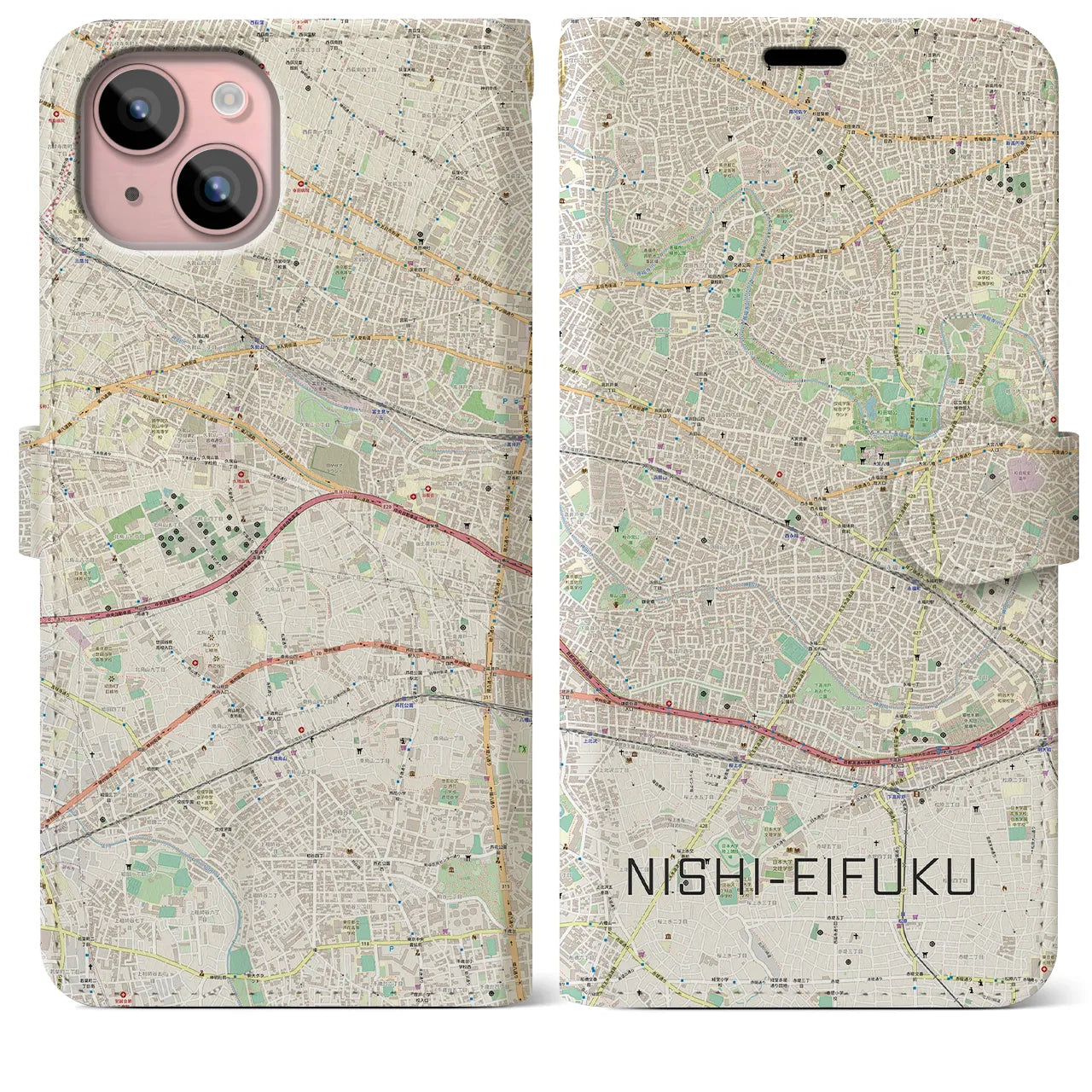 【西永福】地図柄iPhoneケース（手帳両面タイプ・ナチュラル）iPhone 15 Plus 用
