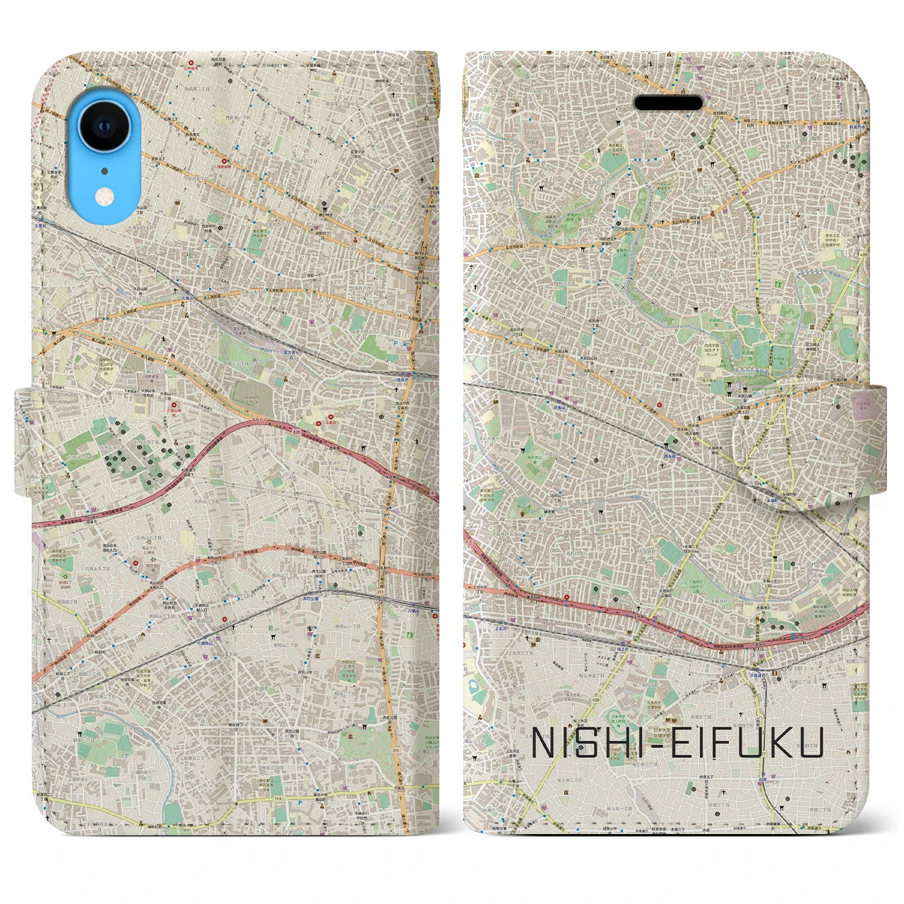 【西永福】地図柄iPhoneケース（手帳両面タイプ・ナチュラル）iPhone XR 用