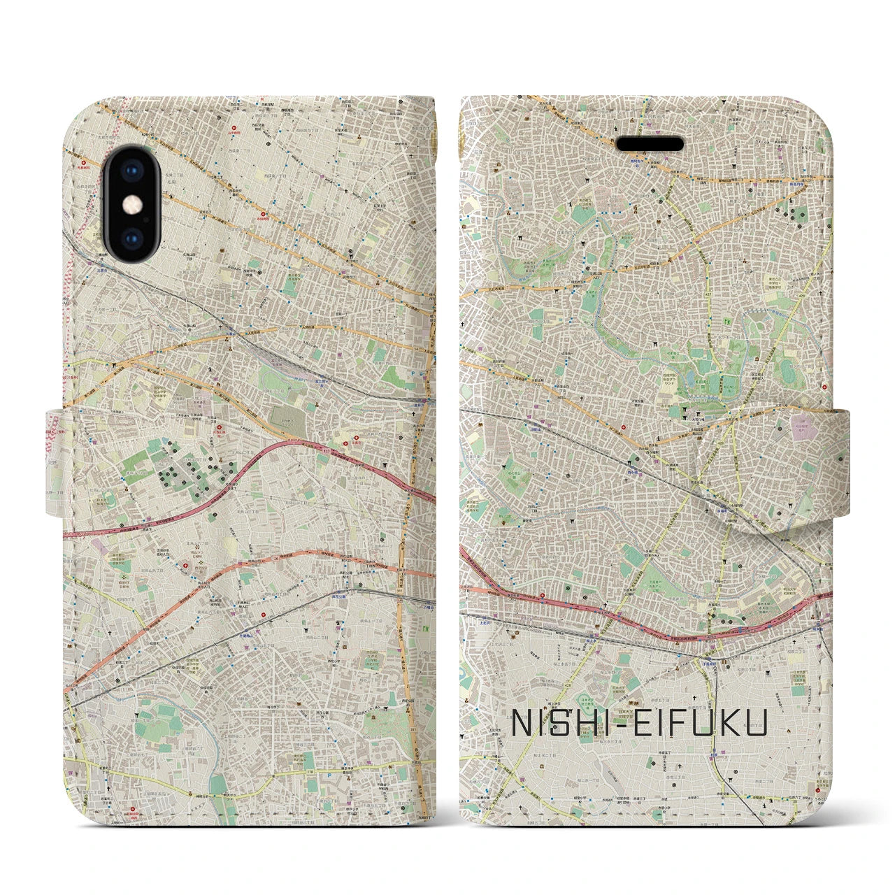 【西永福】地図柄iPhoneケース（手帳両面タイプ・ナチュラル）iPhone XS / X 用