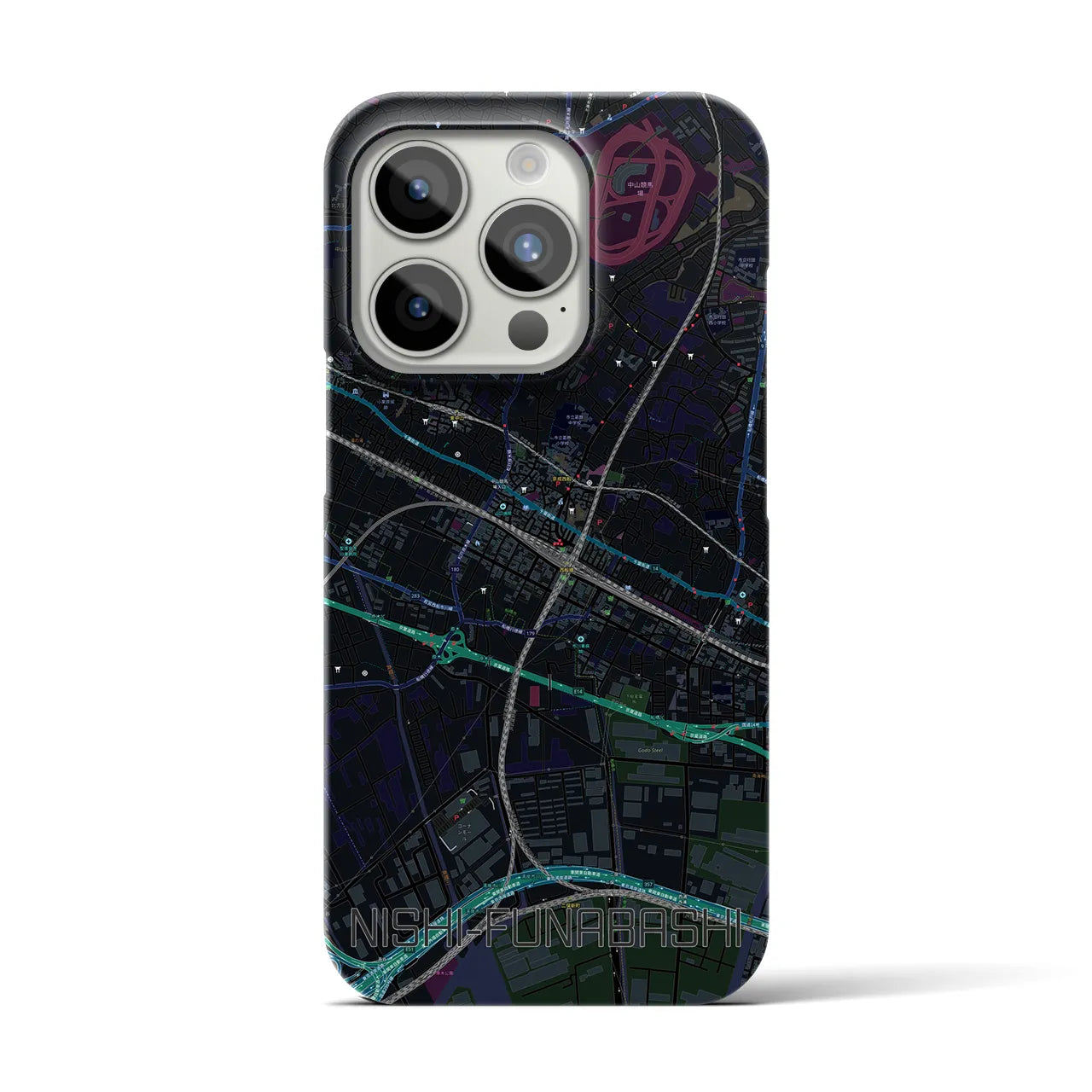 【西船橋】地図柄iPhoneケース（バックカバータイプ・ブラック）iPhone 15 Pro 用
