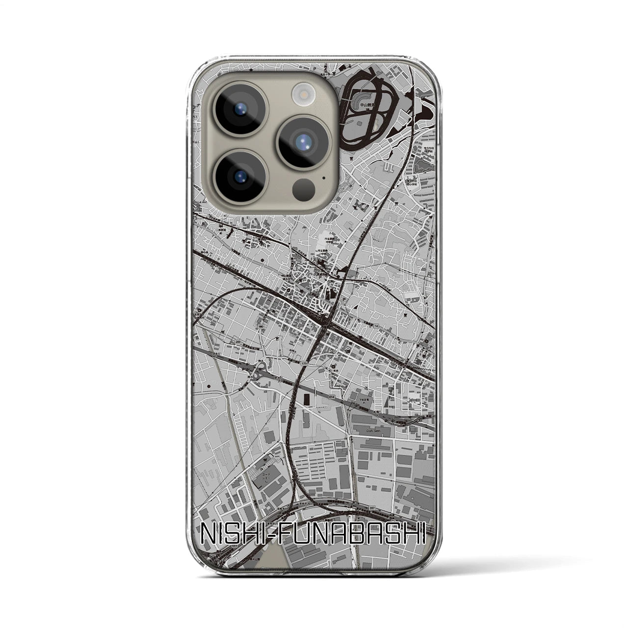 【西船橋】地図柄iPhoneケース（クリアタイプ・モノトーン）iPhone 15 Pro 用