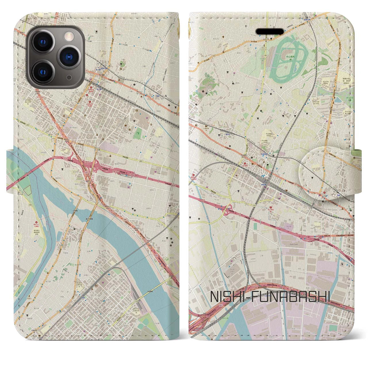 【西船橋】地図柄iPhoneケース（手帳両面タイプ・ナチュラル）iPhone 11 Pro Max 用