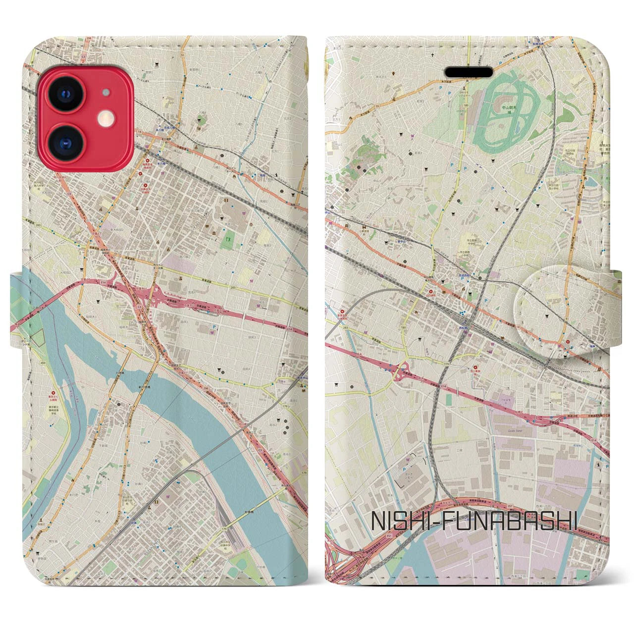 【西船橋】地図柄iPhoneケース（手帳両面タイプ・ナチュラル）iPhone 11 用