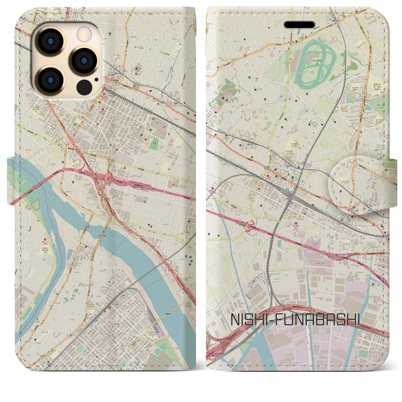 【西船橋】地図柄iPhoneケース（手帳両面タイプ・ナチュラル）iPhone 12 Pro Max 用