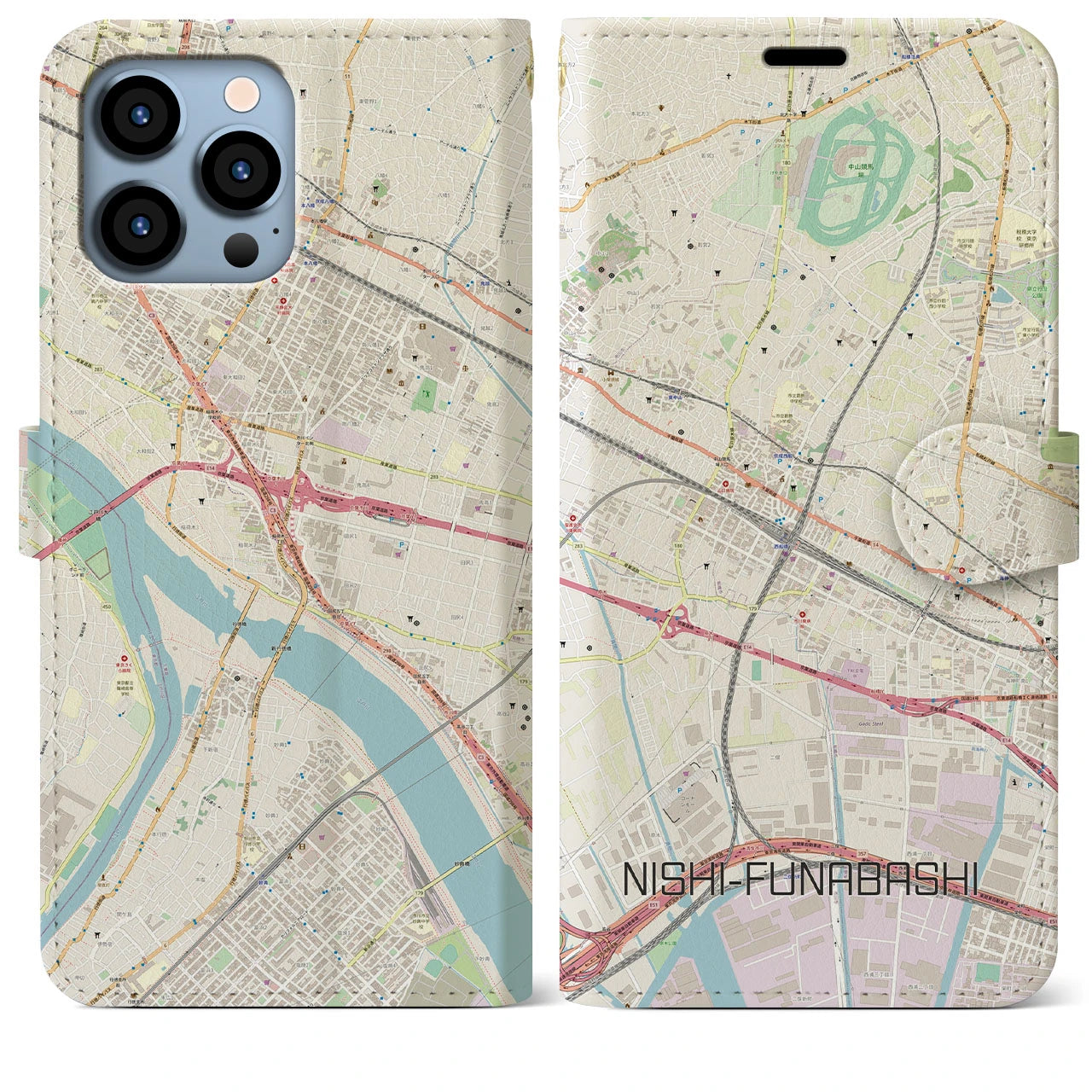 【西船橋】地図柄iPhoneケース（手帳両面タイプ・ナチュラル）iPhone 13 Pro Max 用