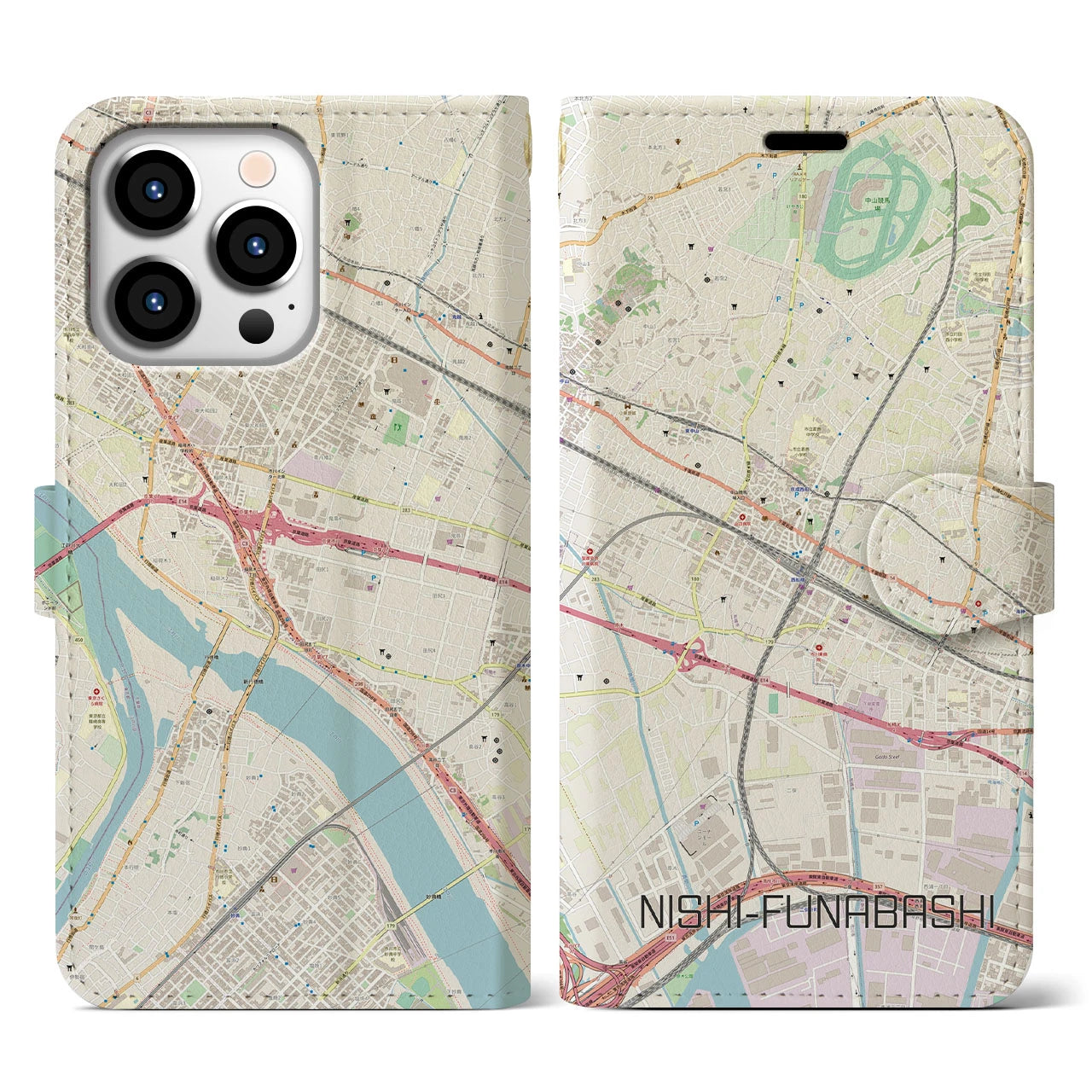 【西船橋】地図柄iPhoneケース（手帳両面タイプ・ナチュラル）iPhone 13 Pro 用