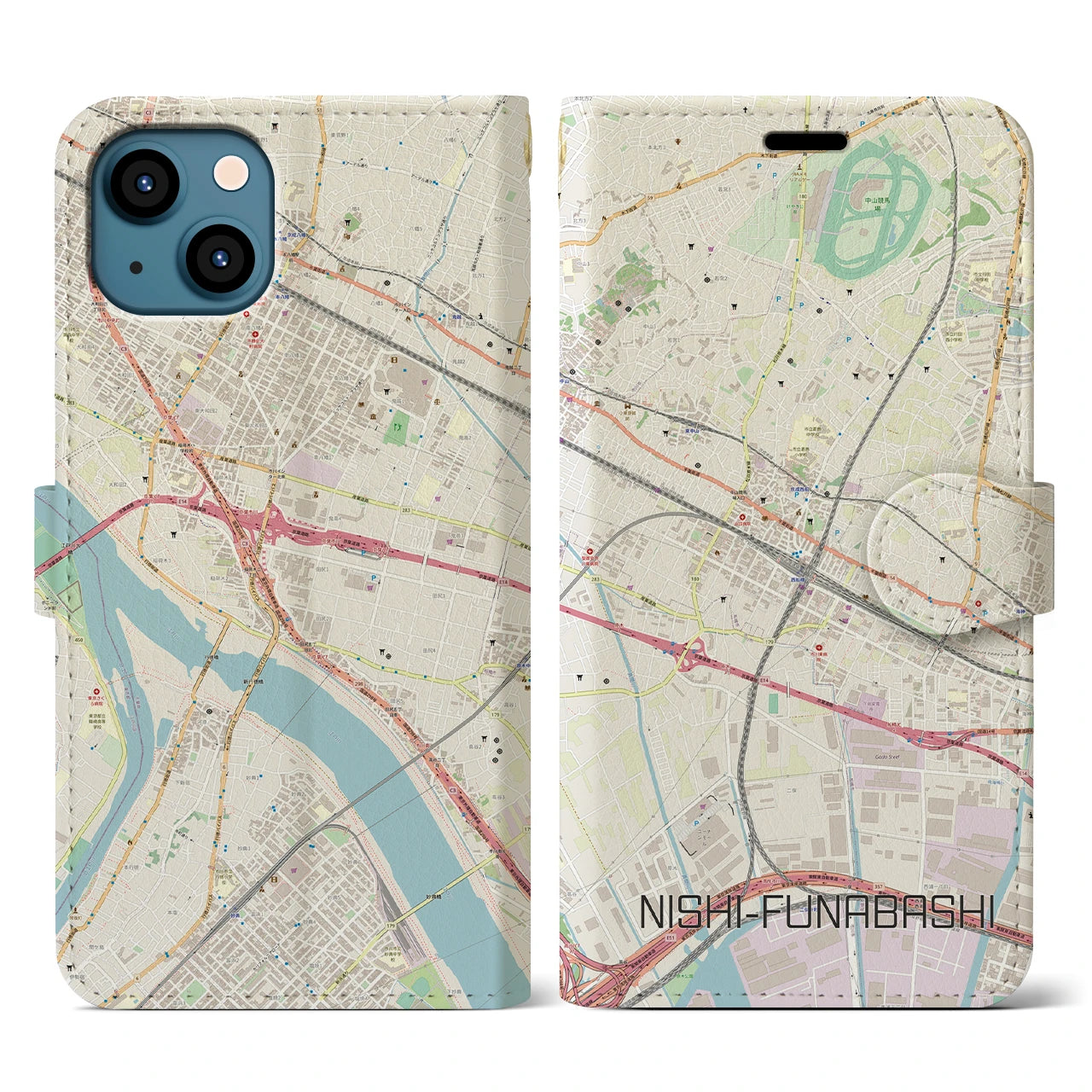 【西船橋】地図柄iPhoneケース（手帳両面タイプ・ナチュラル）iPhone 13 用
