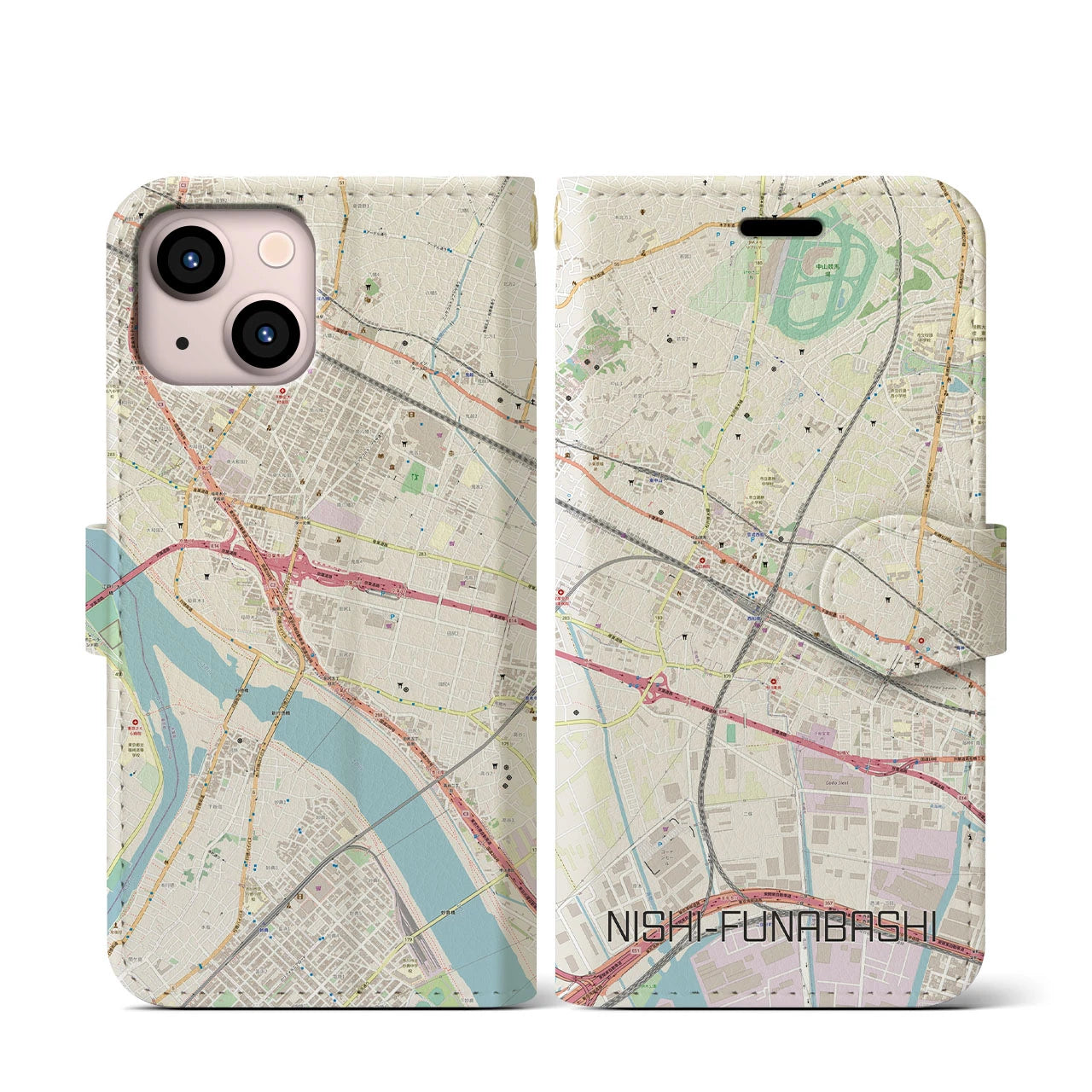 【西船橋】地図柄iPhoneケース（手帳両面タイプ・ナチュラル）iPhone 13 mini 用