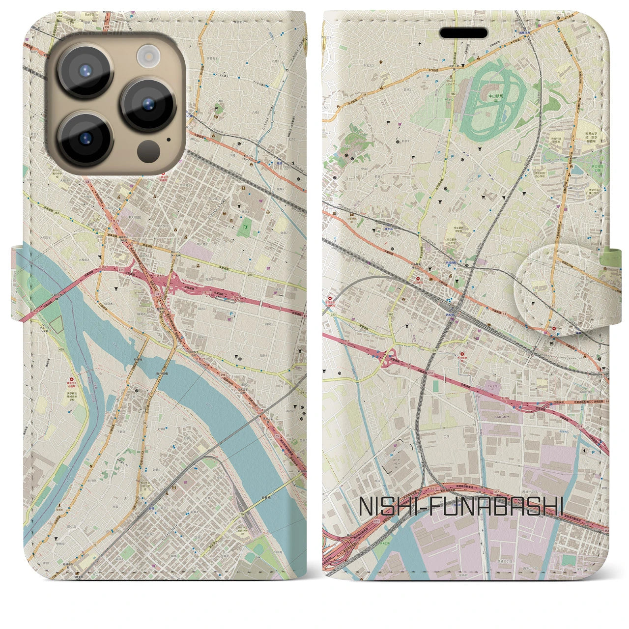 【西船橋】地図柄iPhoneケース（手帳両面タイプ・ナチュラル）iPhone 14 Pro Max 用