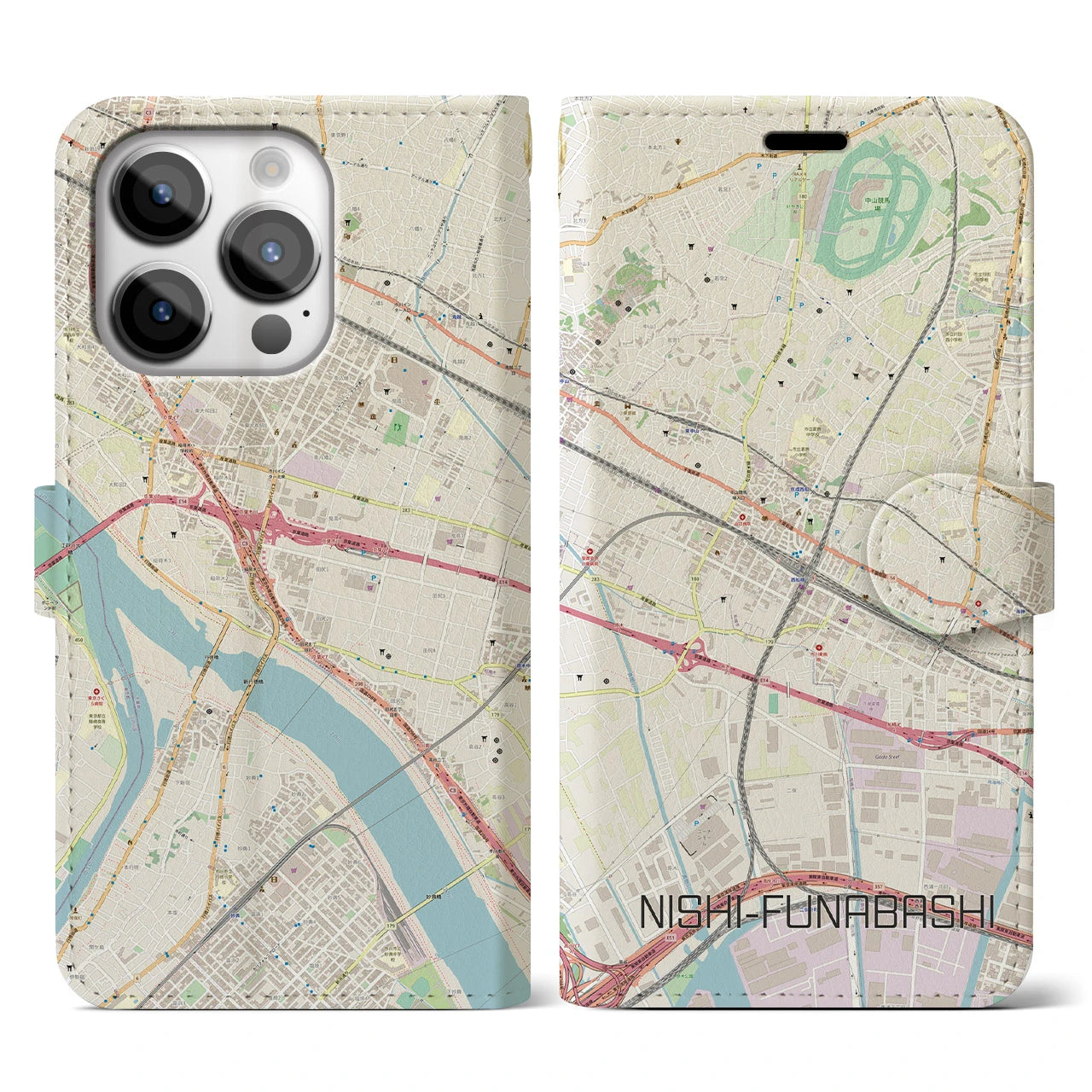【西船橋】地図柄iPhoneケース（手帳両面タイプ・ナチュラル）iPhone 14 Pro 用