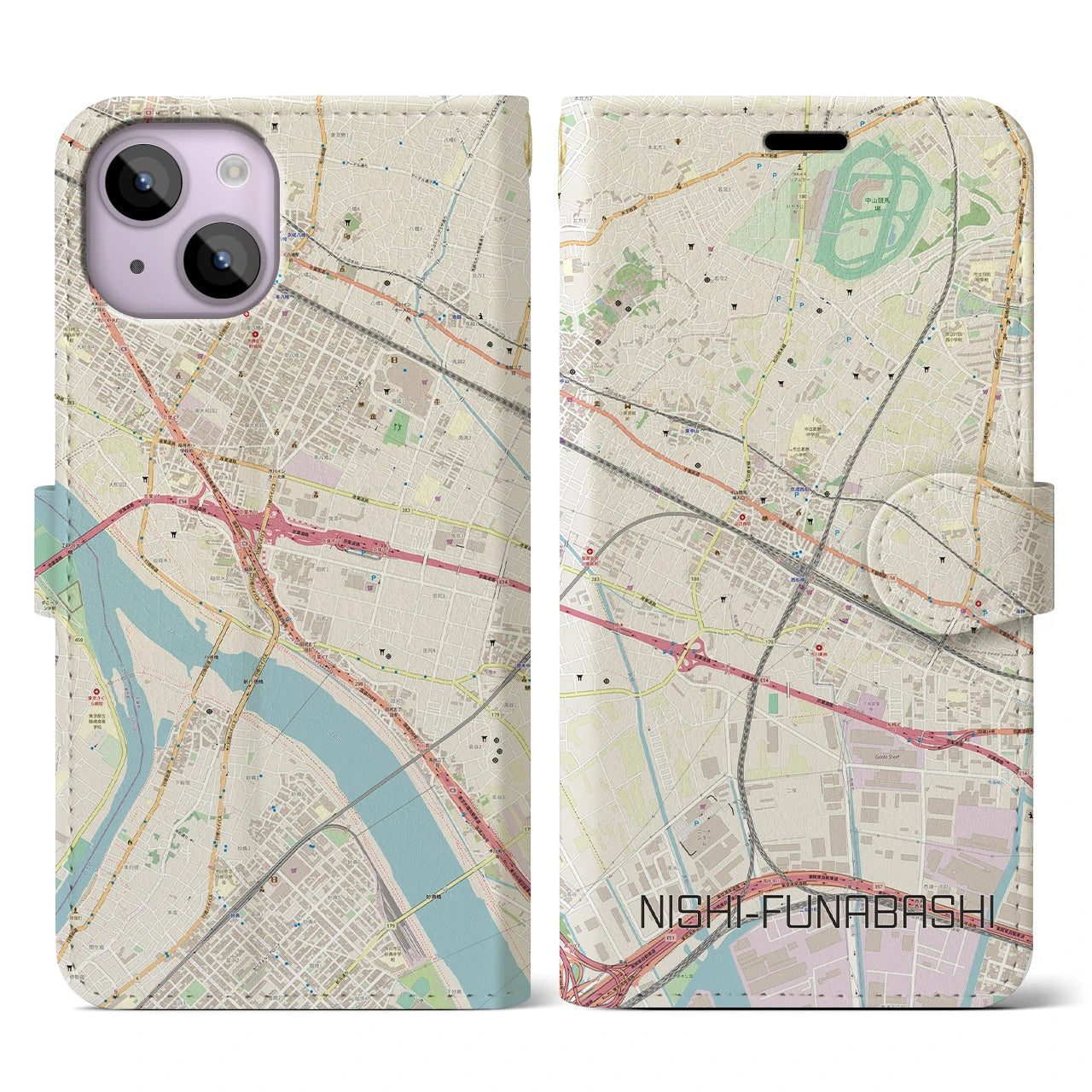 【西船橋】地図柄iPhoneケース（手帳両面タイプ・ナチュラル）iPhone 14 用