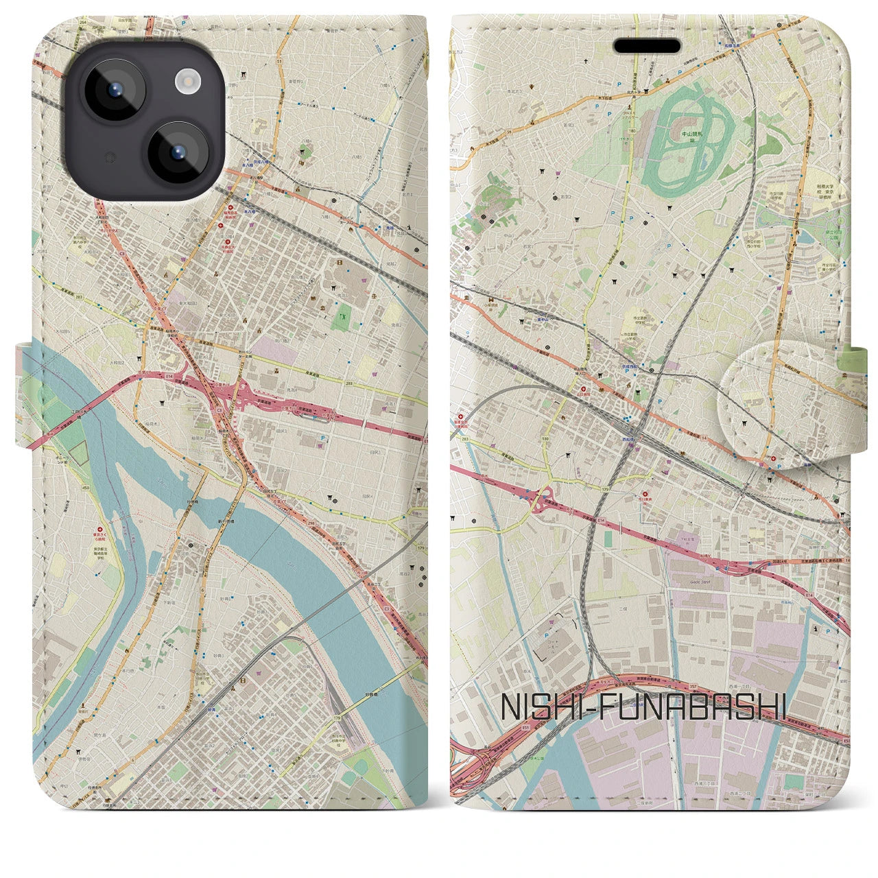 【西船橋】地図柄iPhoneケース（手帳両面タイプ・ナチュラル）iPhone 14 Plus 用