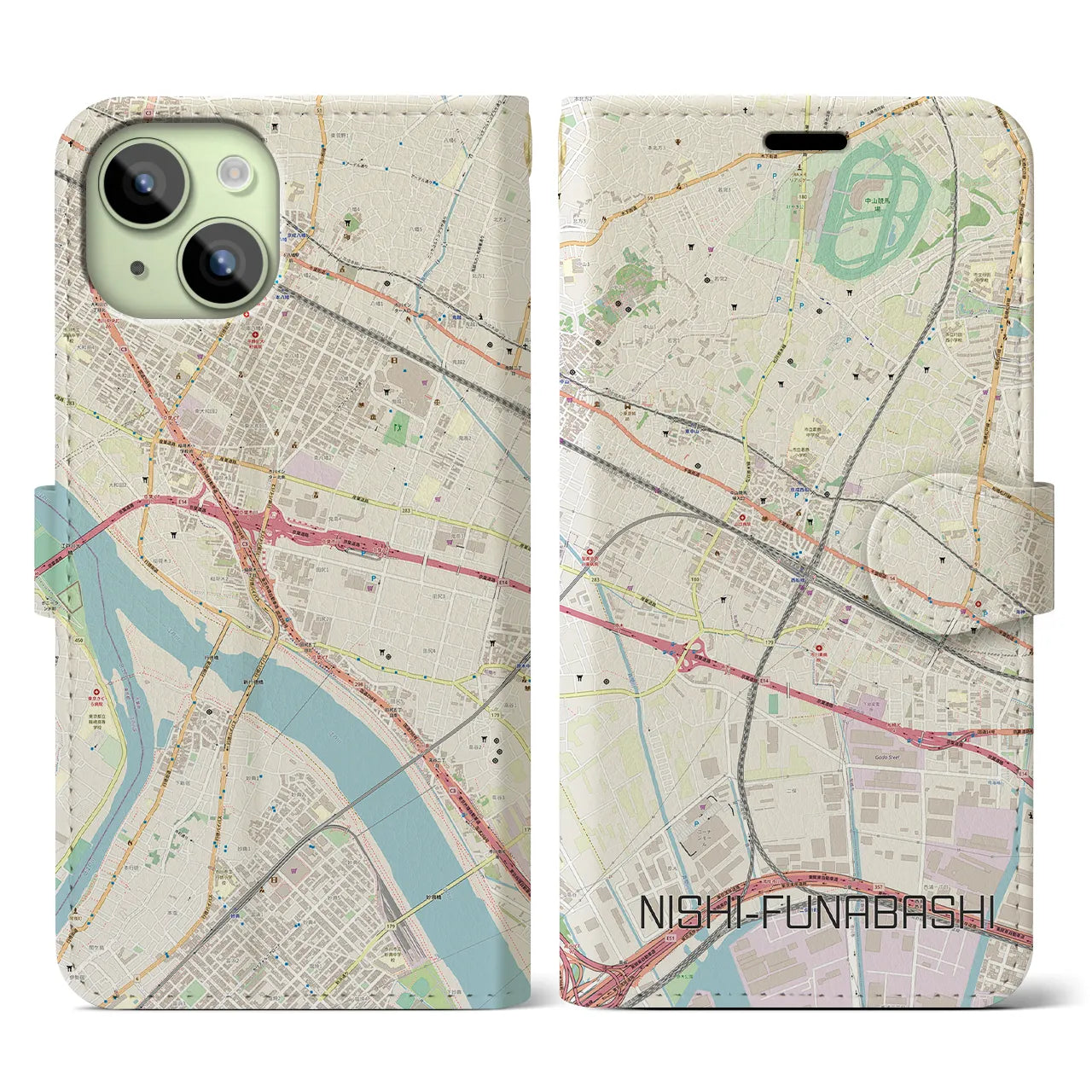 【西船橋】地図柄iPhoneケース（手帳両面タイプ・ナチュラル）iPhone 15 用