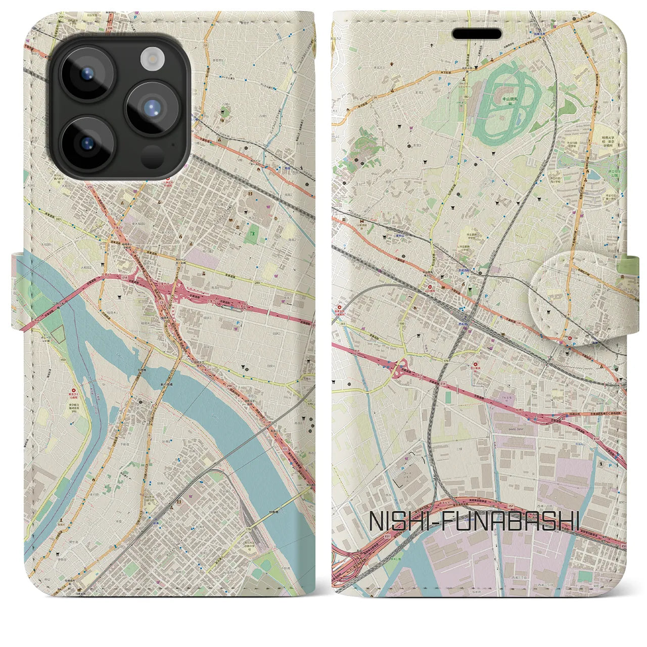 【西船橋】地図柄iPhoneケース（手帳両面タイプ・ナチュラル）iPhone 15 Pro Max 用