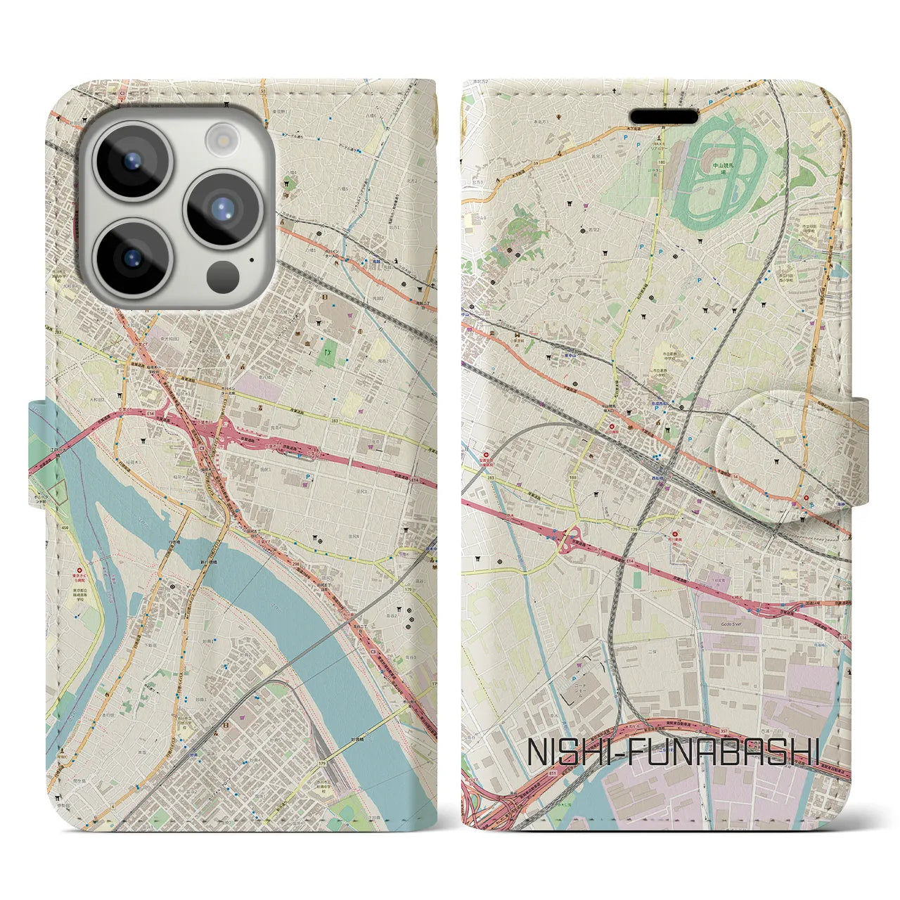 【西船橋】地図柄iPhoneケース（手帳両面タイプ・ナチュラル）iPhone 15 Pro 用
