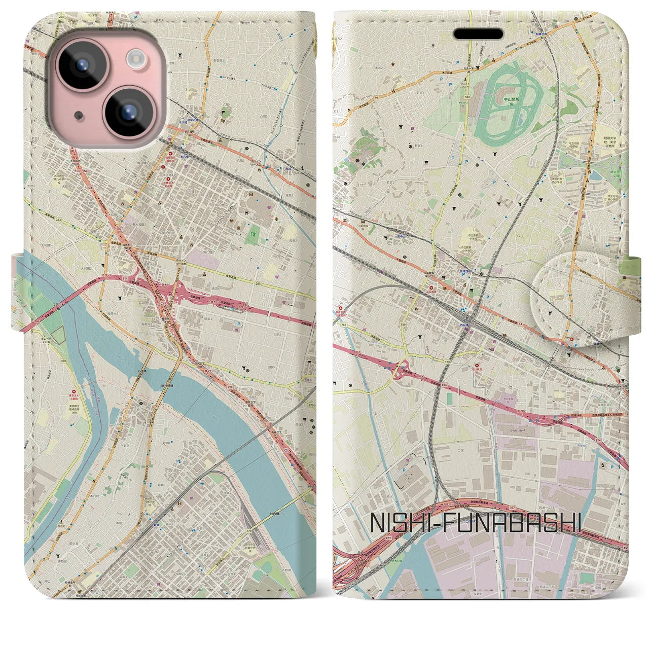 【西船橋】地図柄iPhoneケース（手帳両面タイプ・ナチュラル）iPhone 15 Plus 用