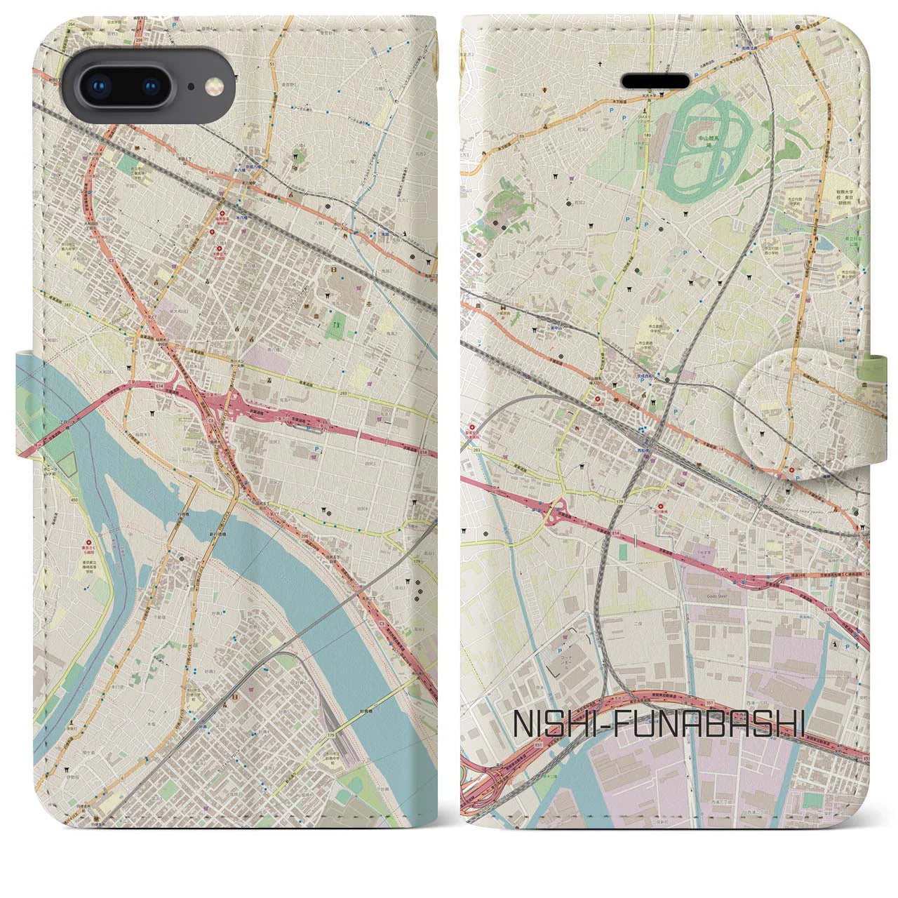【西船橋】地図柄iPhoneケース（手帳両面タイプ・ナチュラル）iPhone 8Plus /7Plus / 6sPlus / 6Plus 用