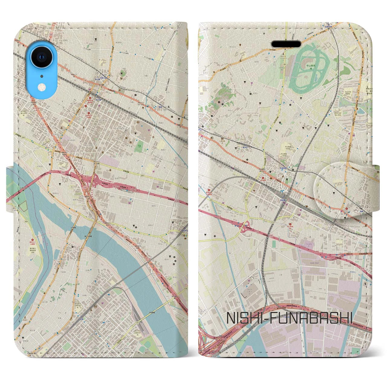 【西船橋】地図柄iPhoneケース（手帳両面タイプ・ナチュラル）iPhone XR 用