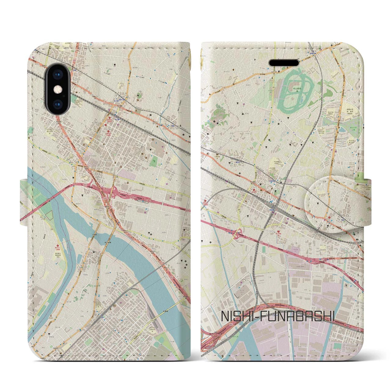 【西船橋】地図柄iPhoneケース（手帳両面タイプ・ナチュラル）iPhone XS / X 用