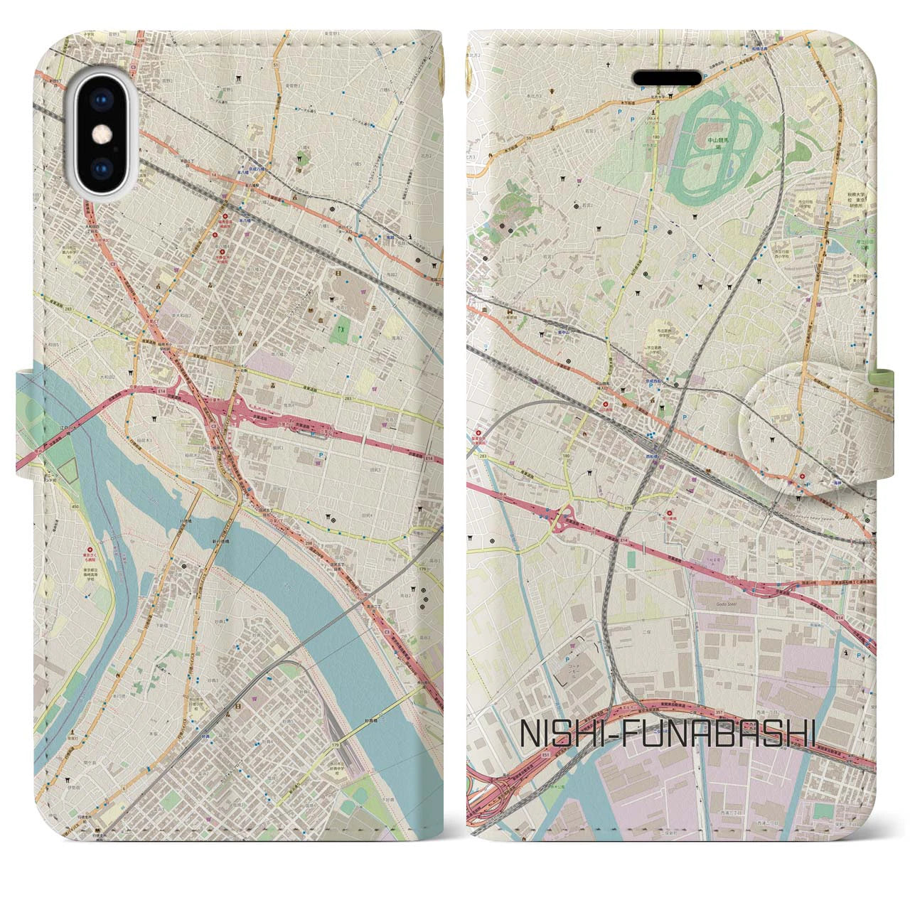 【西船橋】地図柄iPhoneケース（手帳両面タイプ・ナチュラル）iPhone XS Max 用