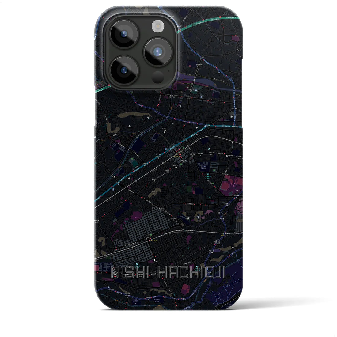 【西八王子】地図柄iPhoneケース（バックカバータイプ・ブラック）iPhone 15 Pro Max 用