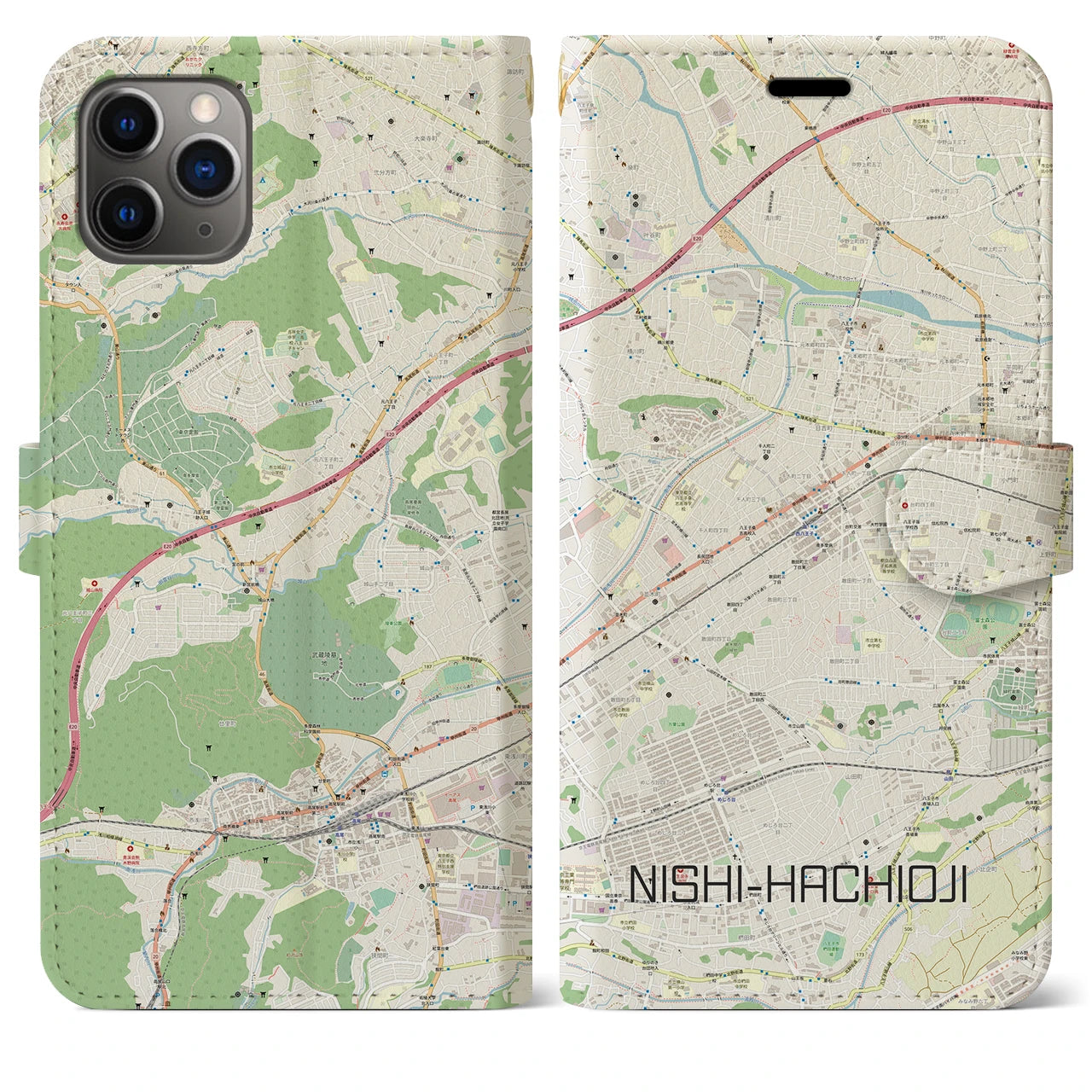 【西八王子】地図柄iPhoneケース（手帳両面タイプ・ナチュラル）iPhone 11 Pro Max 用