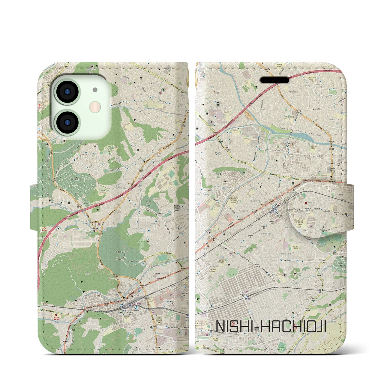 【西八王子】地図柄iPhoneケース（手帳両面タイプ・ナチュラル）iPhone 12 mini 用