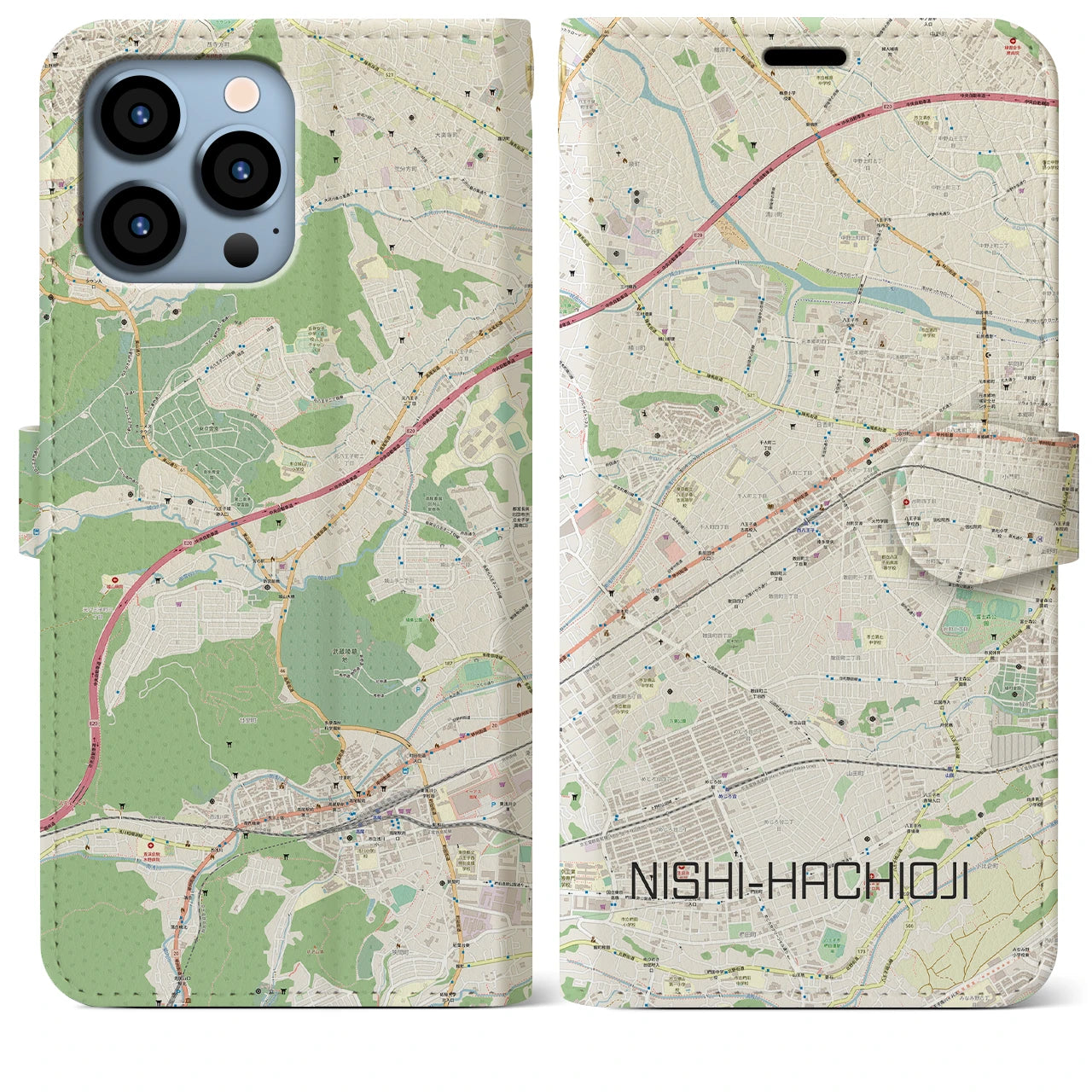 【西八王子】地図柄iPhoneケース（手帳両面タイプ・ナチュラル）iPhone 13 Pro Max 用