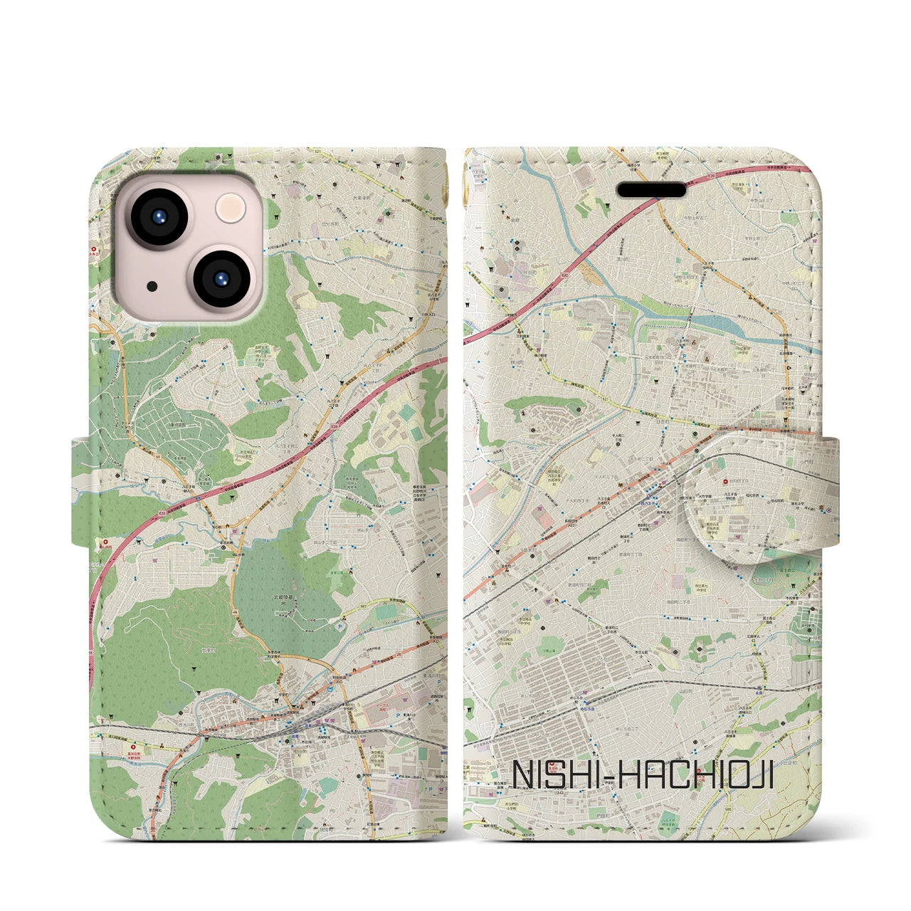 【西八王子】地図柄iPhoneケース（手帳両面タイプ・ナチュラル）iPhone 13 mini 用