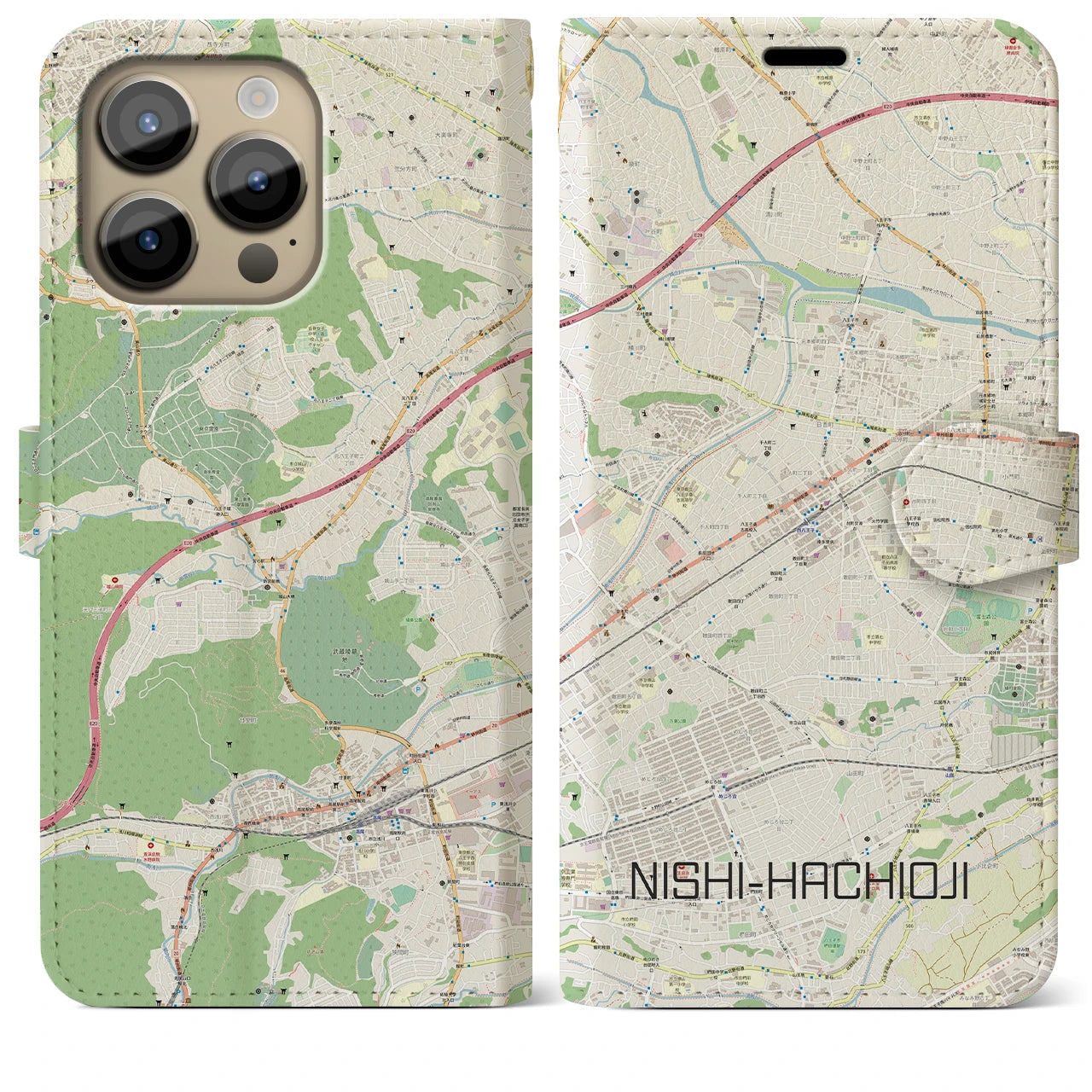 【西八王子】地図柄iPhoneケース（手帳両面タイプ・ナチュラル）iPhone 14 Pro Max 用