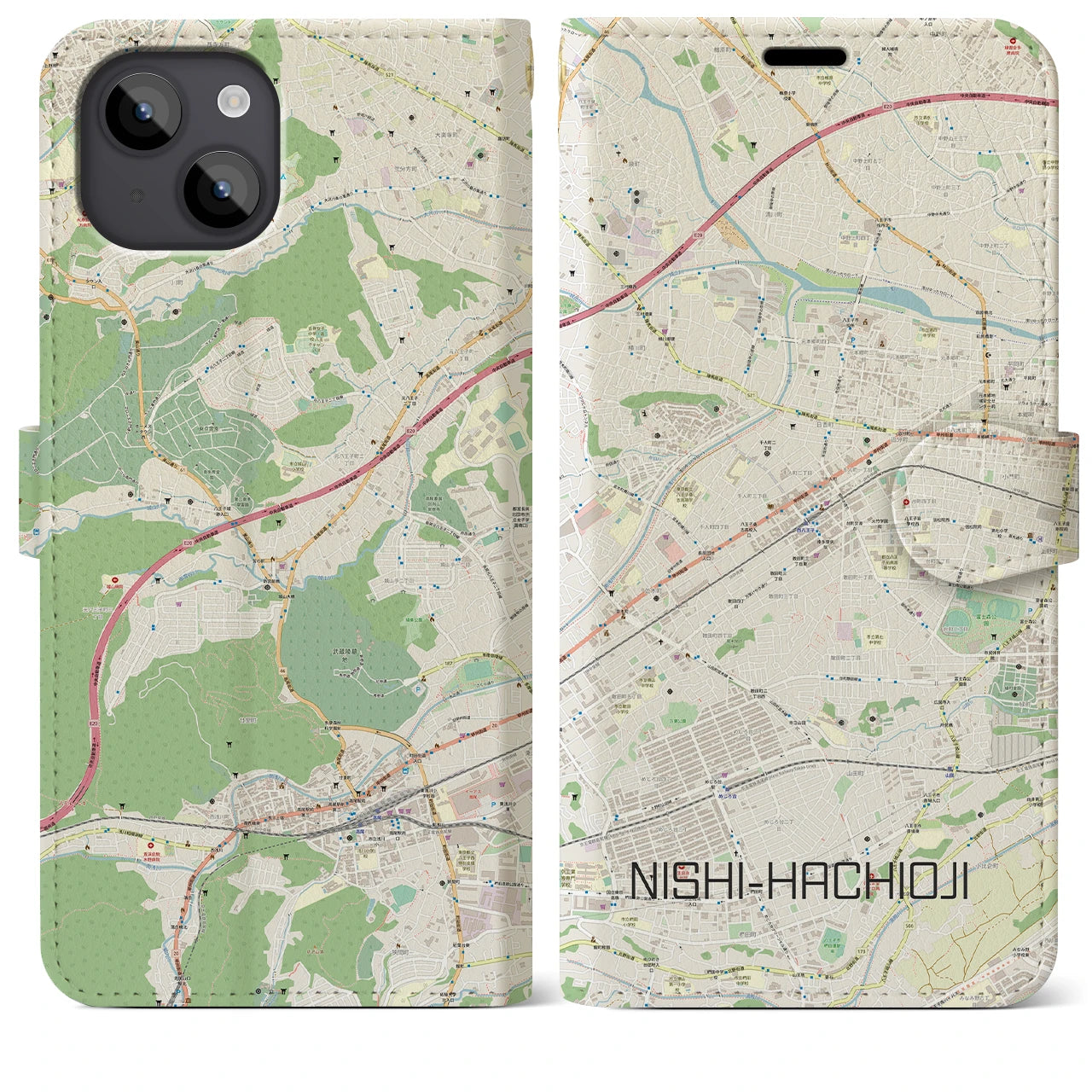 【西八王子】地図柄iPhoneケース（手帳両面タイプ・ナチュラル）iPhone 14 Plus 用