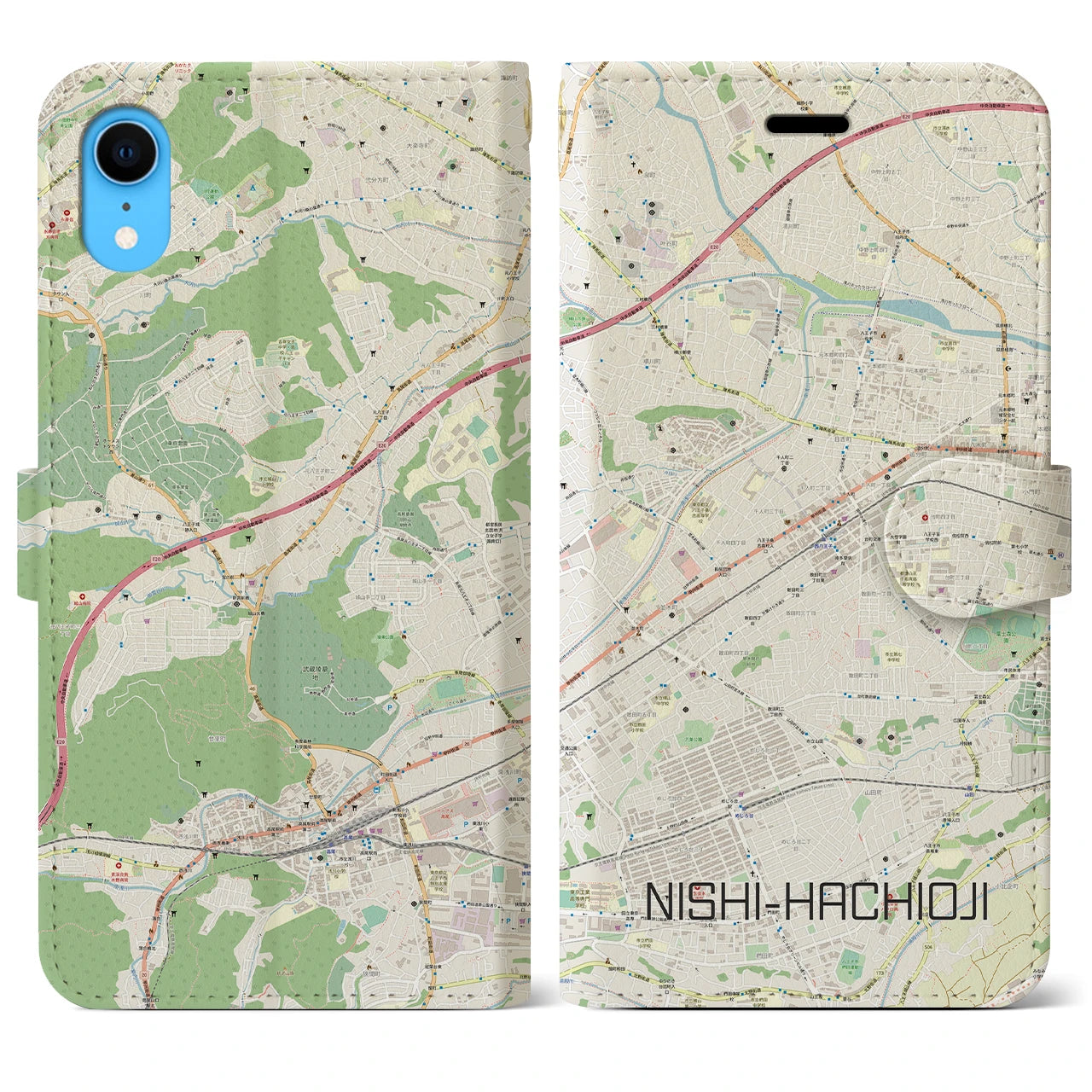 【西八王子】地図柄iPhoneケース（手帳両面タイプ・ナチュラル）iPhone XR 用