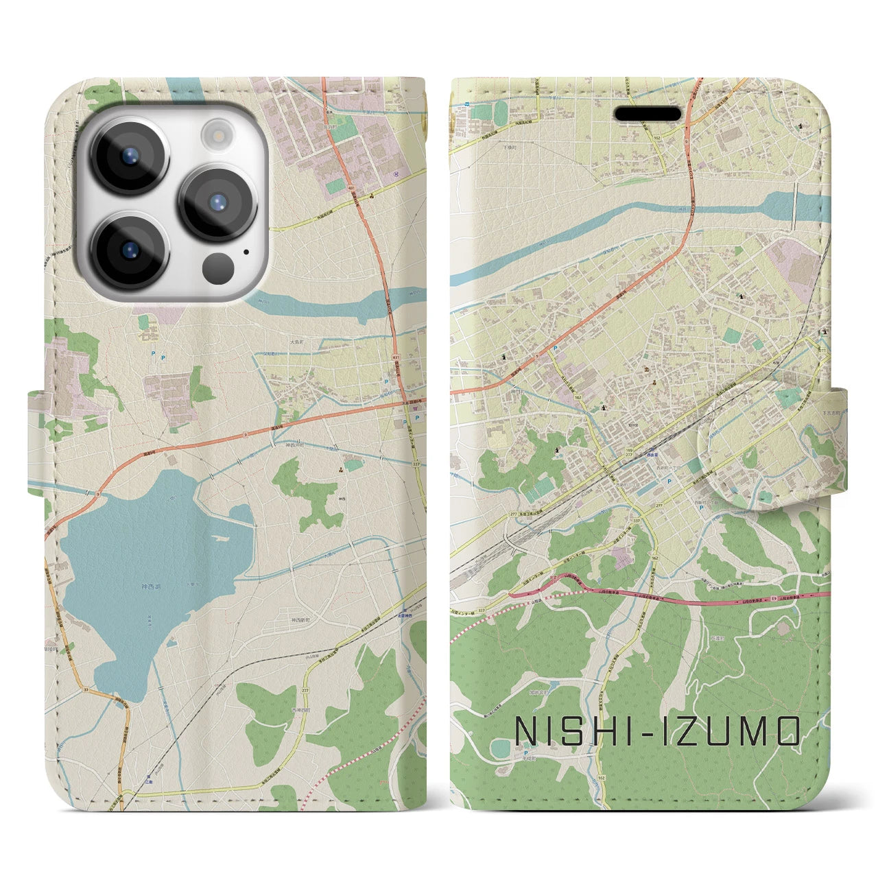 【西出雲】地図柄iPhoneケース（手帳両面タイプ・ナチュラル）iPhone 14 Pro 用