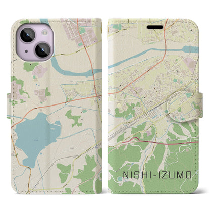 【西出雲（島根県）】地図柄iPhoneケース（手帳タイプ）ナチュラル・iPhone 14 用