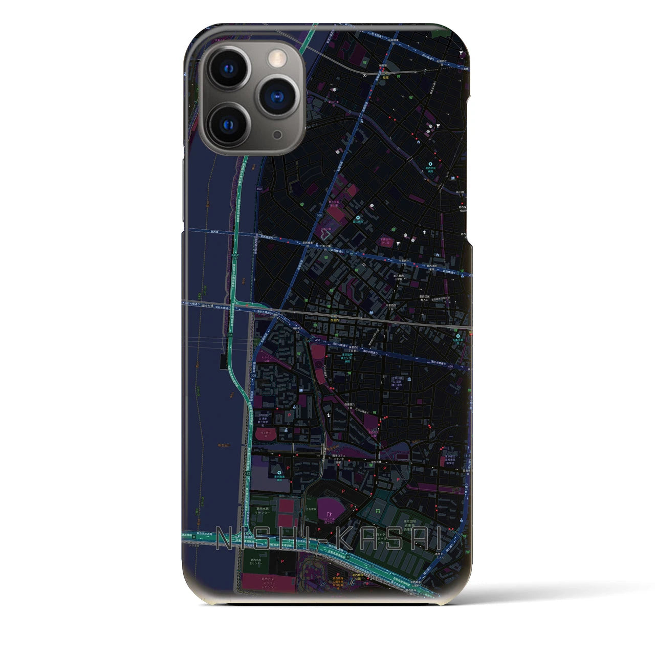 【西葛西】地図柄iPhoneケース（バックカバータイプ・ブラック）iPhone 11 Pro Max 用
