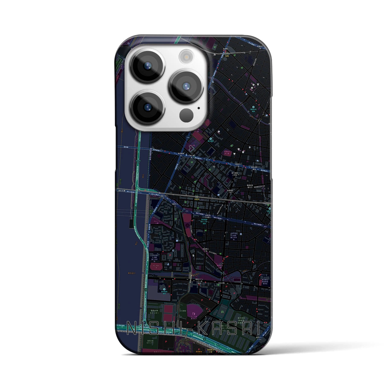 【西葛西】地図柄iPhoneケース（バックカバータイプ・ブラック）iPhone 14 Pro 用