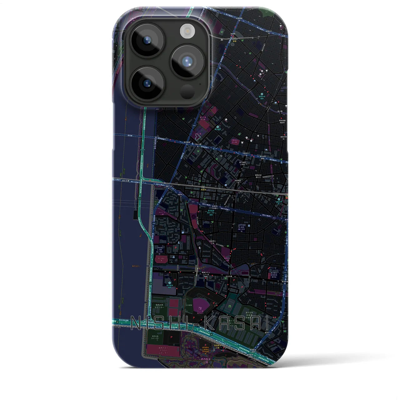 【西葛西】地図柄iPhoneケース（バックカバータイプ・ブラック）iPhone 15 Pro Max 用