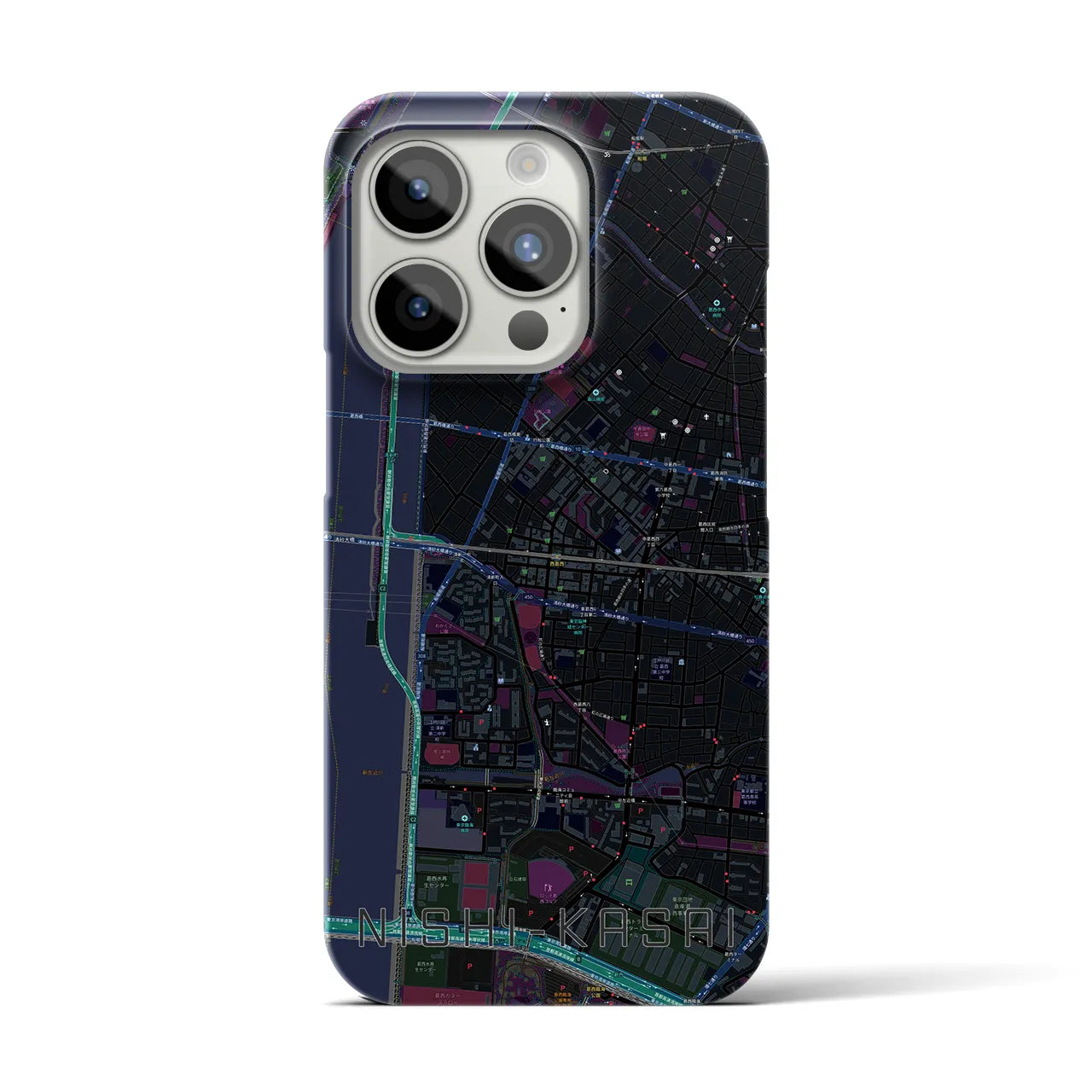 【西葛西】地図柄iPhoneケース（バックカバータイプ・ブラック）iPhone 15 Pro 用