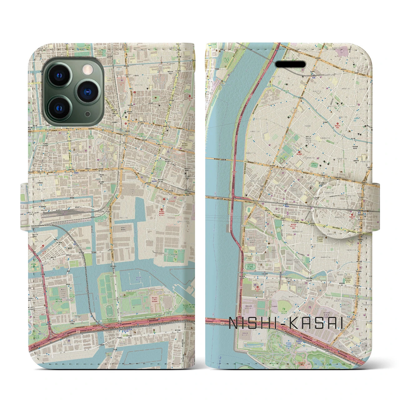 【西葛西】地図柄iPhoneケース（手帳両面タイプ・ナチュラル）iPhone 11 Pro 用