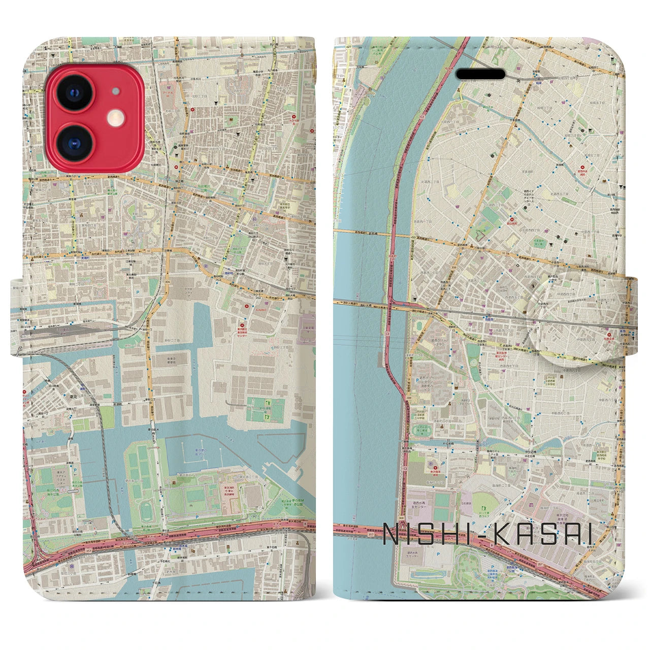 【西葛西】地図柄iPhoneケース（手帳両面タイプ・ナチュラル）iPhone 11 用