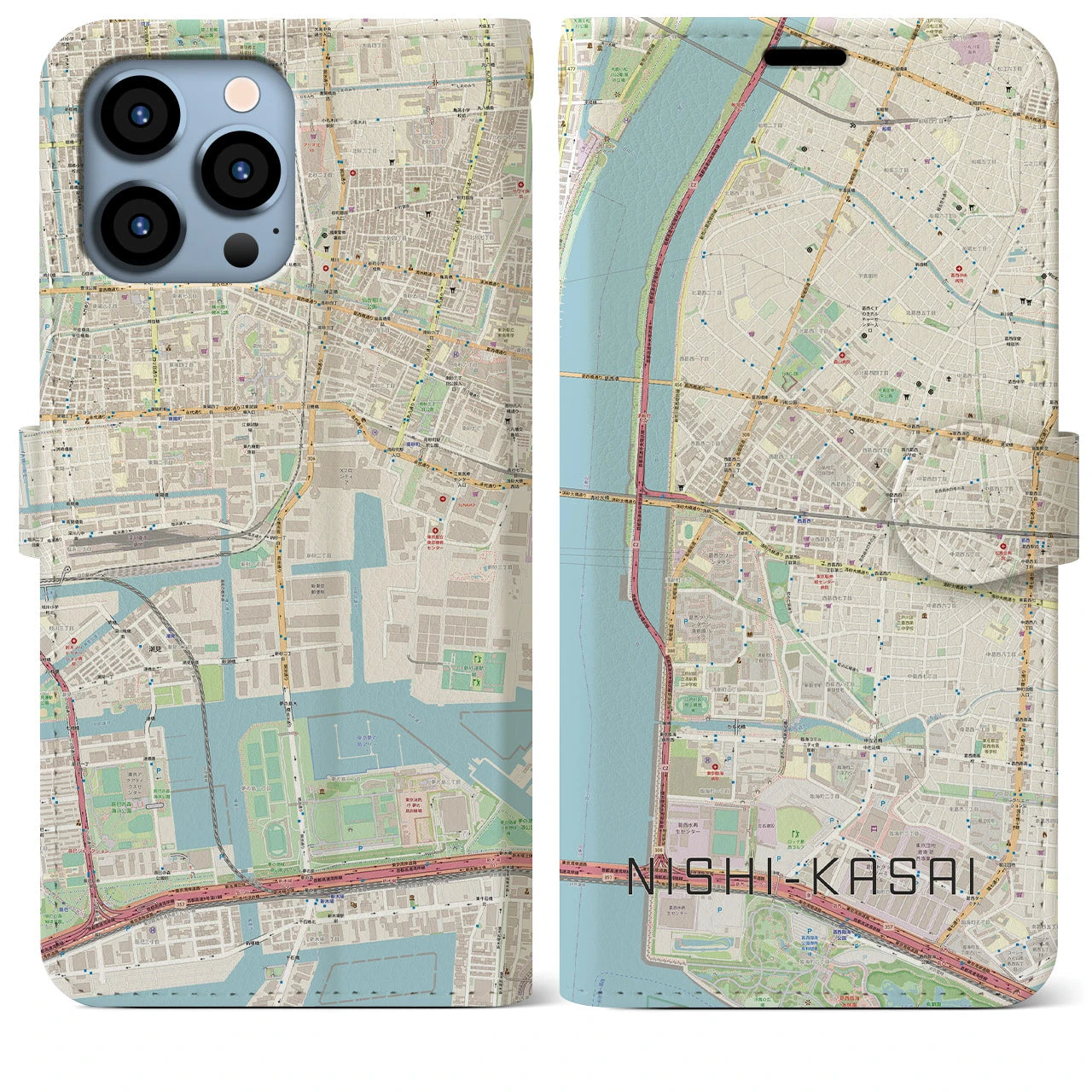 【西葛西】地図柄iPhoneケース（手帳両面タイプ・ナチュラル）iPhone 13 Pro Max 用